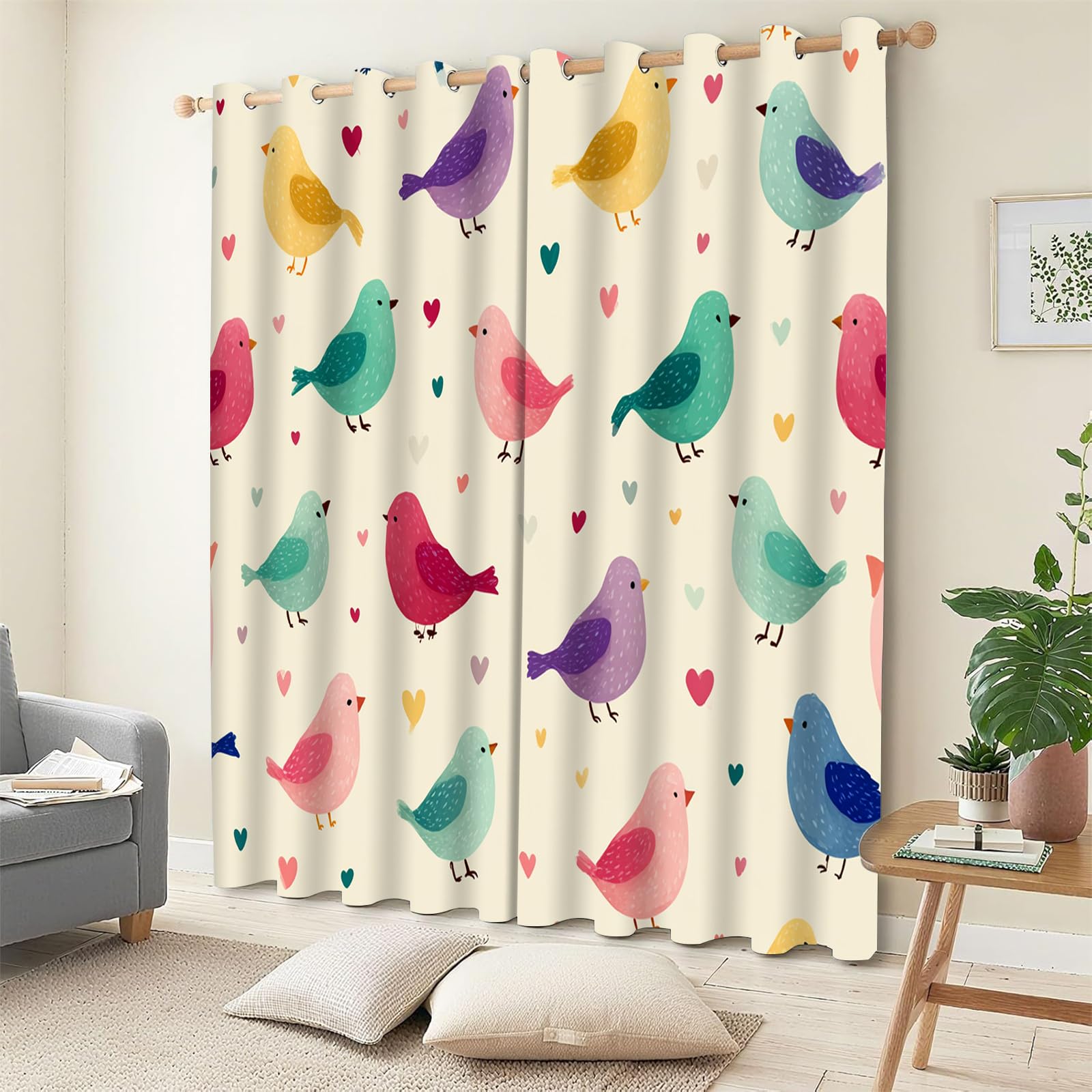 Rideau occultant oiseau thermique isolant | Draperie opaque fenêtre salon chambre 2 panneaux