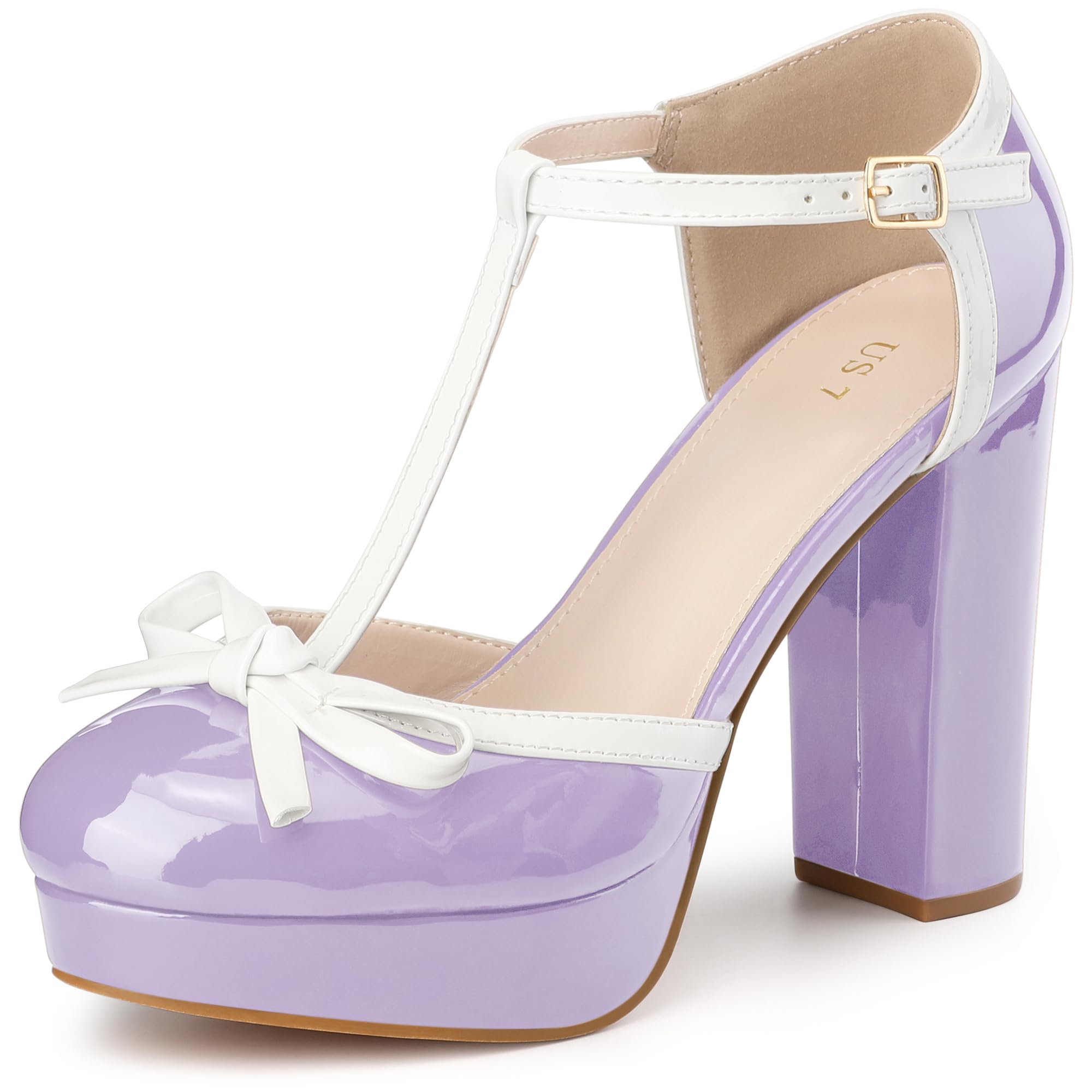 Perphy Bow T-Strap Platform Chunky Heels Pumps for Women 11 Purple
