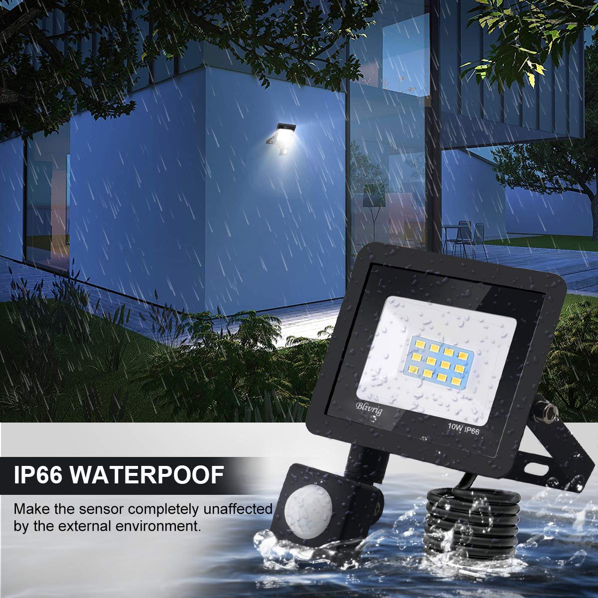 2pack-faro led esterno con sensore movimento 10W Bianco Caldo 3000K IP66 Impermeabile faretto esterno con sensore di movimento 1000LM faretto led da esterno per Cortile,Giardino