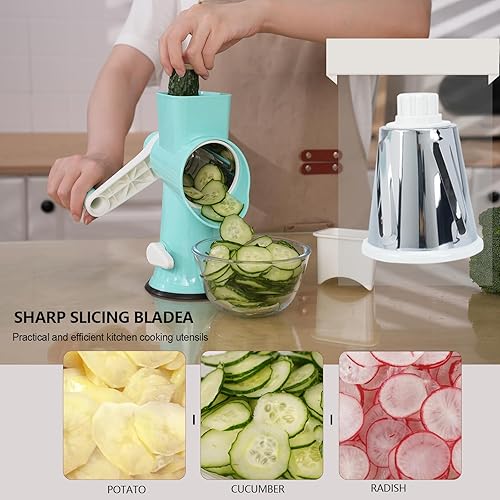 Miniatura 4 de Rallador rotativo de queso con asa, versátil rallador de queso con base de succión antideslizante, triturador de queso y rebanador de alimentos para