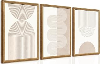 PicturePerfect Decor Framed Wall Art 3 Piece Set, 16x24 Inch Minimalist Geometric Line Prints, Neutral Beige White Abstract Canvas Artwork Triptych for Living Room Bedroom Office Home Decor Wall Hanging