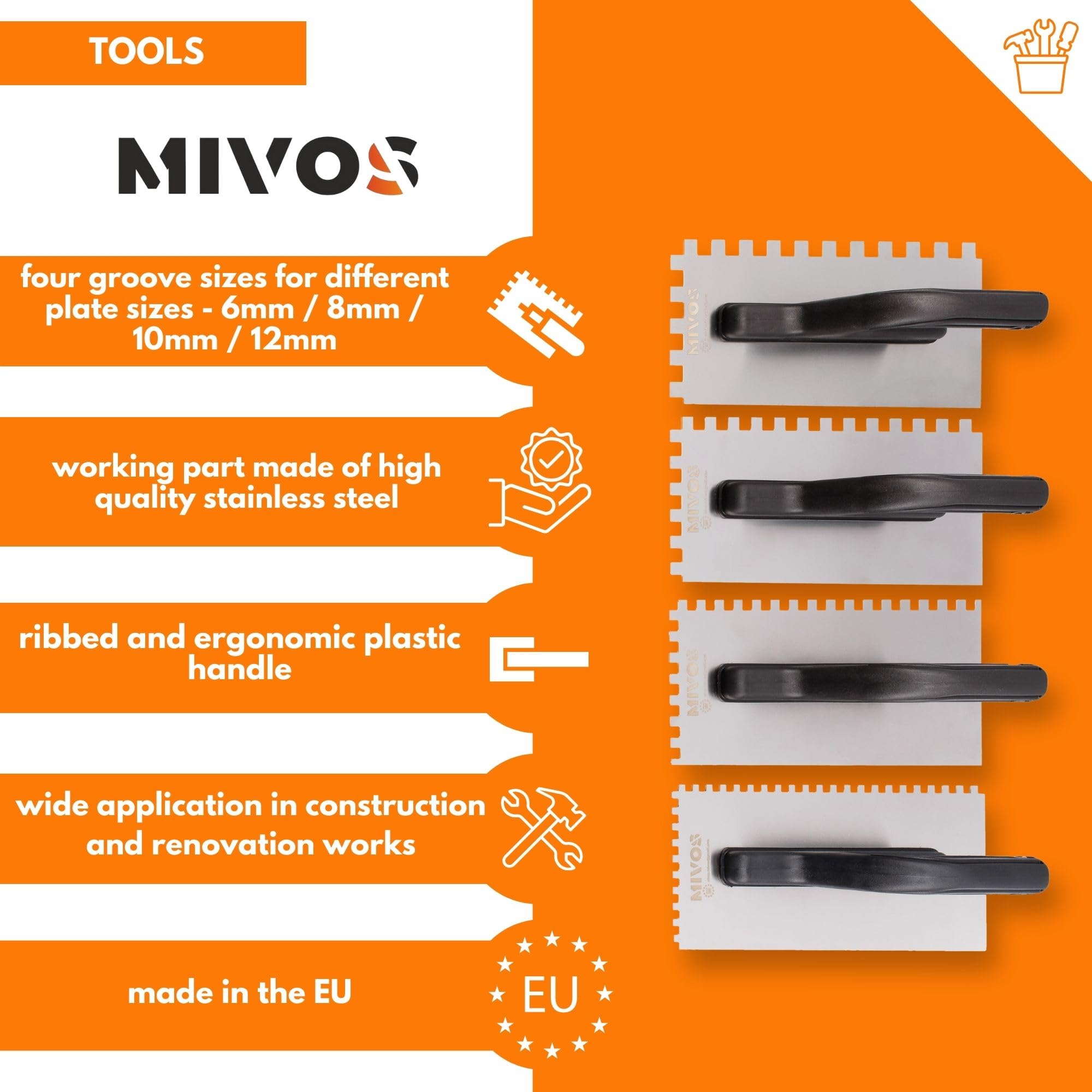 Image secondaire de Kit de Truelles Dentées MIVOS - 4 Pièces en Acier Inoxydable