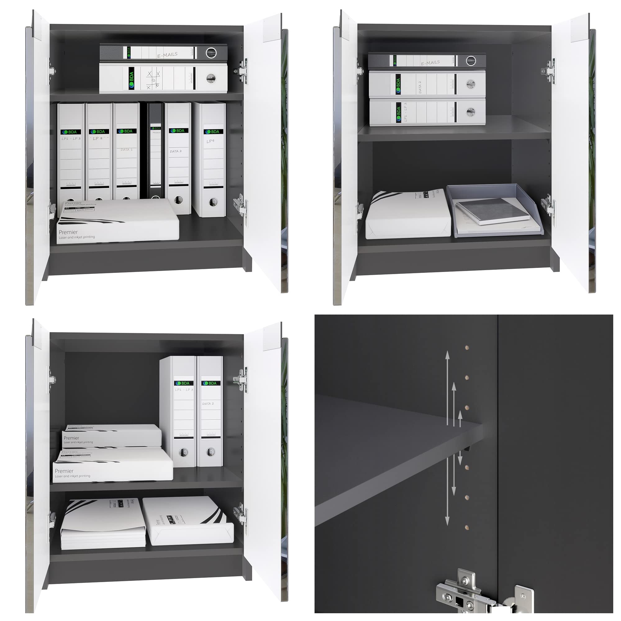 Vladon Commode d'imprimante Logan, Armoire à dossiers avec 2 Compartiments et 2 Portes, Corps Noir Mat, façades Graphite satiné Mat, (51 x 60,5 x 54 cm)