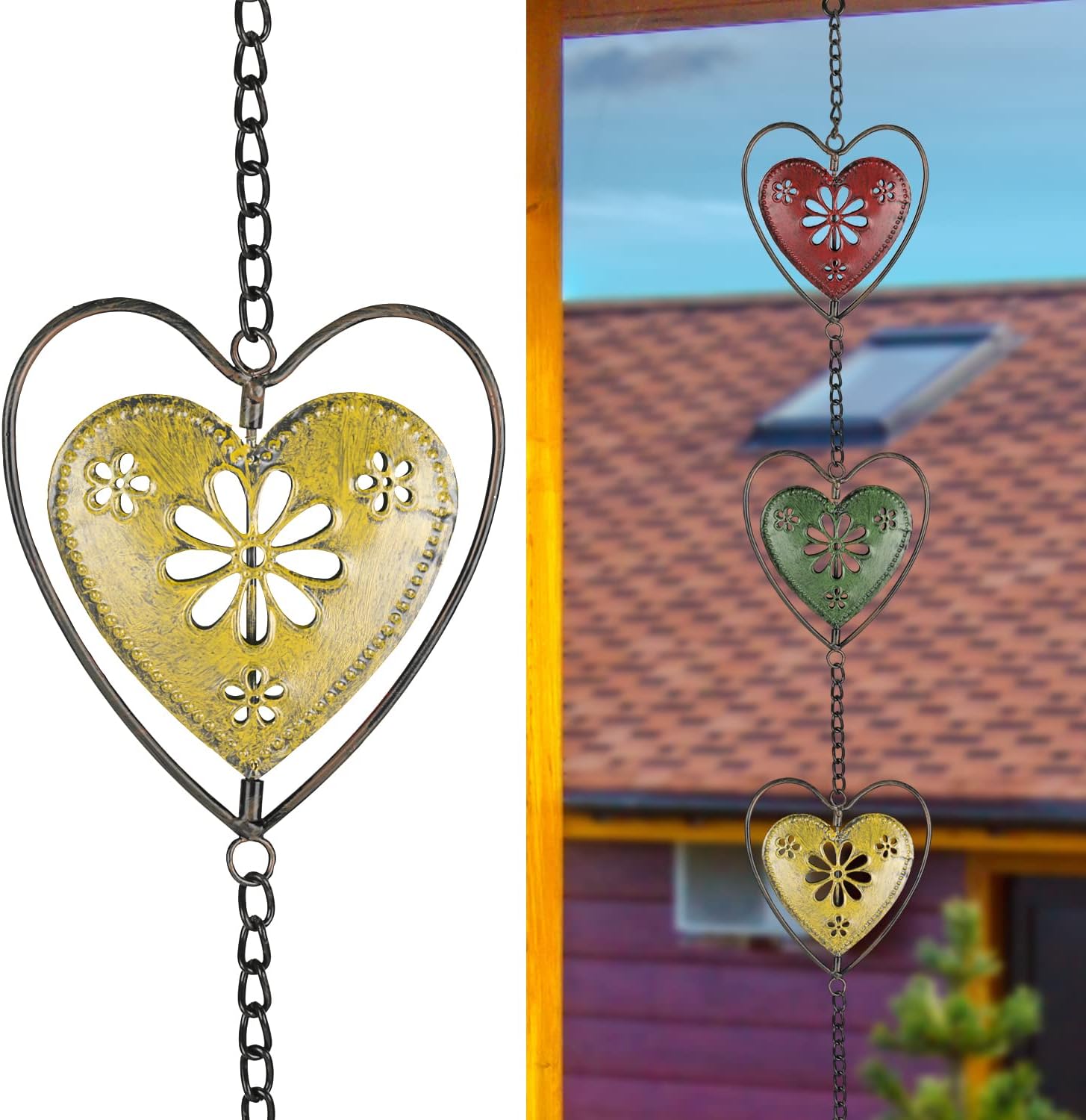 Rain Chains for Gutters Outside Downspouts Rain Catcher Diverter Metal Blue Plaid Outdoor Decorative, 8.5 FT, Heart Style