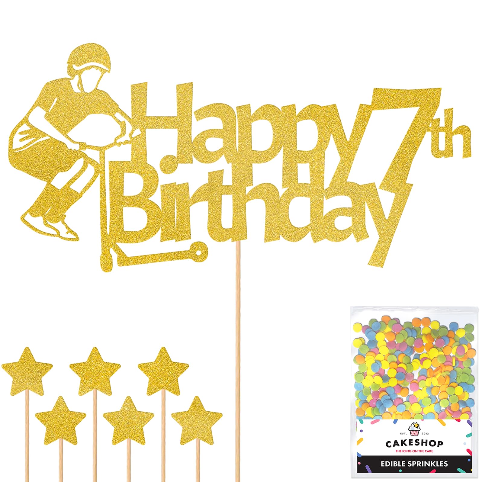 Personalised Tail Whipper Stunt Scooter Glitter Cake Topper - Gold Custom Name Glitter Cake Decoration and Sprinkles - Happy Birthday Decorations - Personalised Toppers for Cakes by Cakeshop — image 1