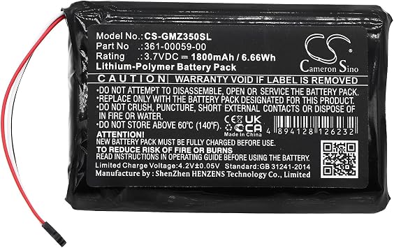 Battery for Garmin ZUMO 350LM,ZUMO 390LM,ZUMO 340LM,zumo 396,zumo 396 LMT-S,Compatible Part NO361-00059-00,361-00059-01 1800mAh
