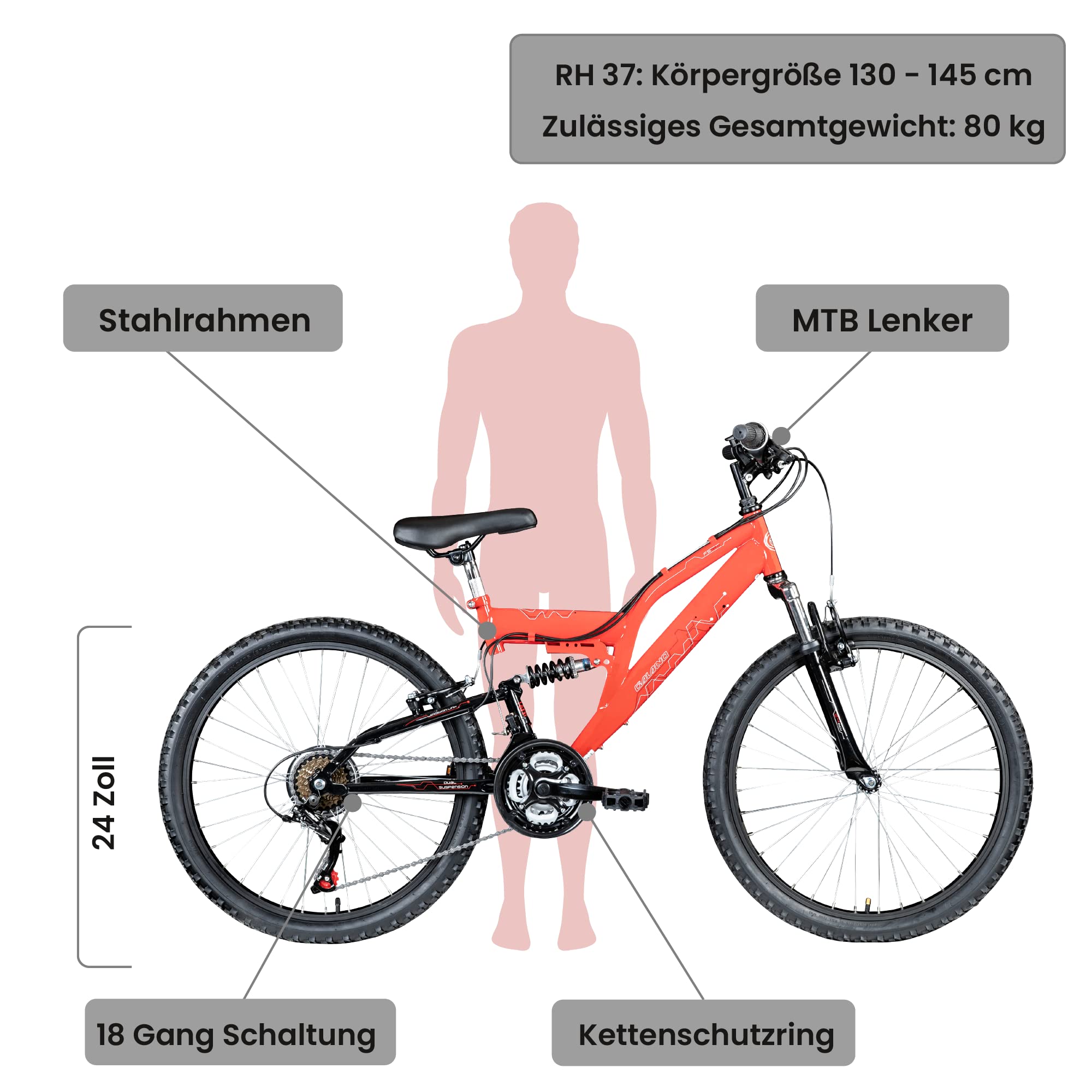 Galano FS180 24 Zoll Jugend Fahrrad 18 Gänge ab 8 Jahre Fully Mountainbike 130-145 cm für Mädchen und Jungen Kinderfahrrad Mountain Bike Jugendfahrrad MTB