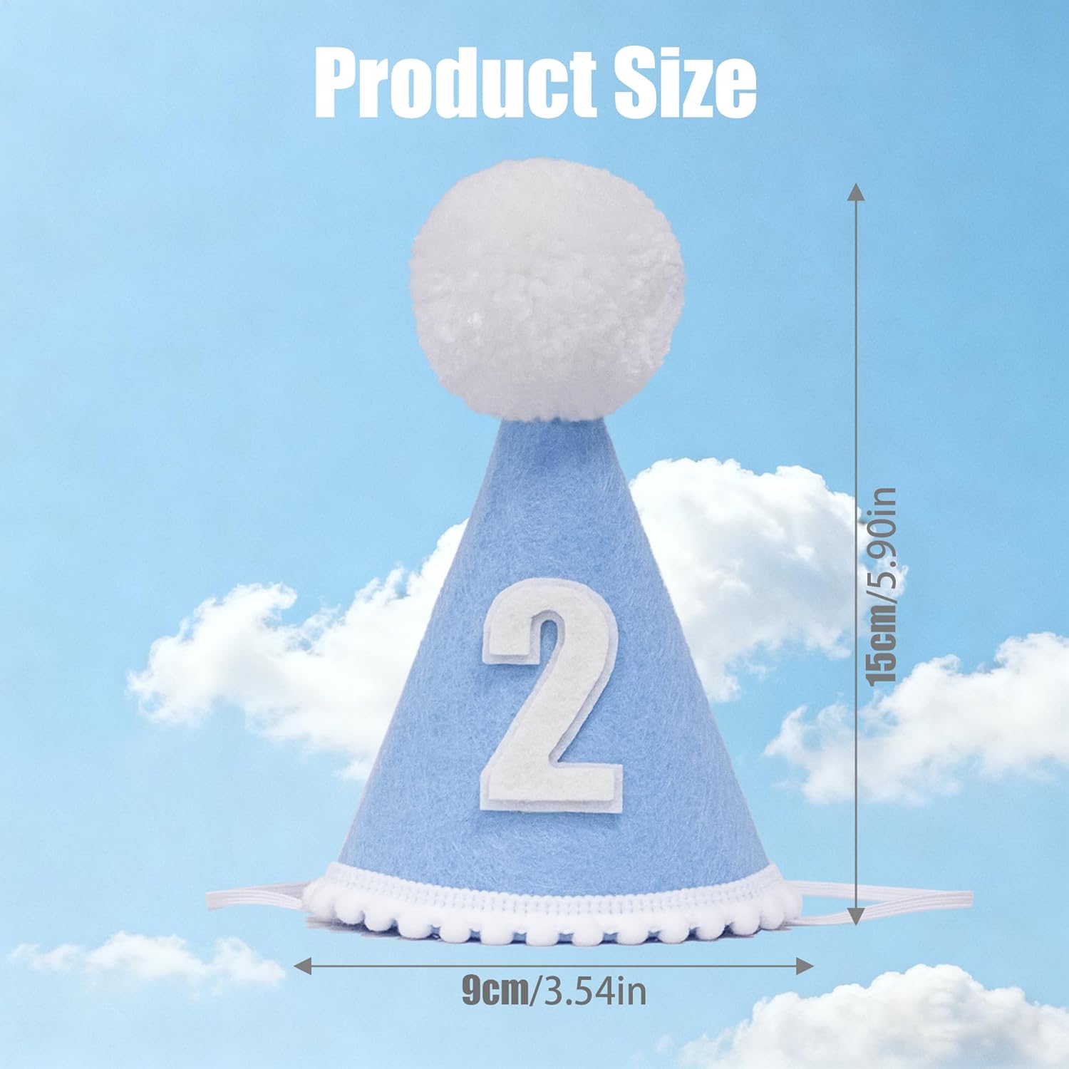 Birthday Party Hat for 2 Year Old, Blue and White Felt with Pom Pom, Party Decoration - Image 3