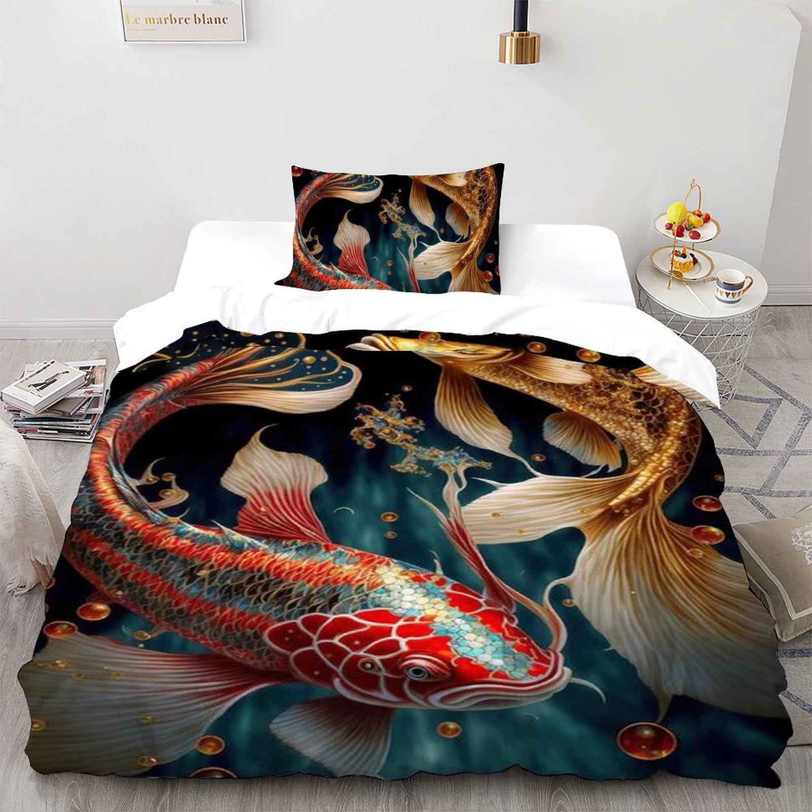 Housse de couette poisson microfibre lit 1 personne fermeture éclair