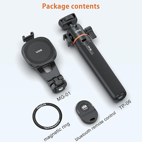 Miniatura 6 de VRIG Trípode magnético para teléfono celular, compatible con MagSafe, TP-06+MG-03 Trípode para teléfono de 21.6 pulgadas extensible magnético selfie