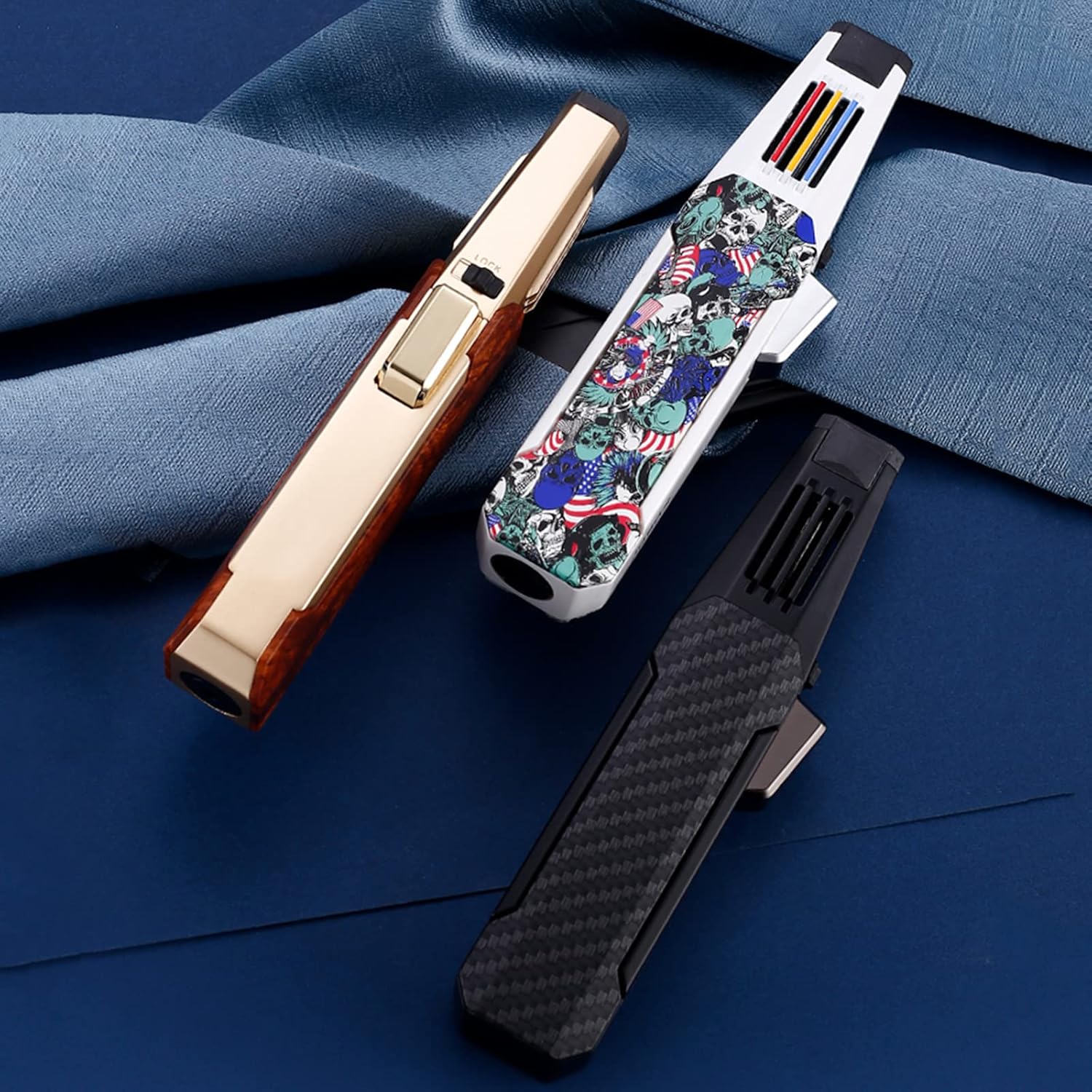 Gas Torch Lighter Jet Flame, Refillable Kitchen Cooking Lighters 360° Reversible, Cigar Candle Lighter with Adjustable Flame for Campfire BBQ Fire Grill (Without Butane)