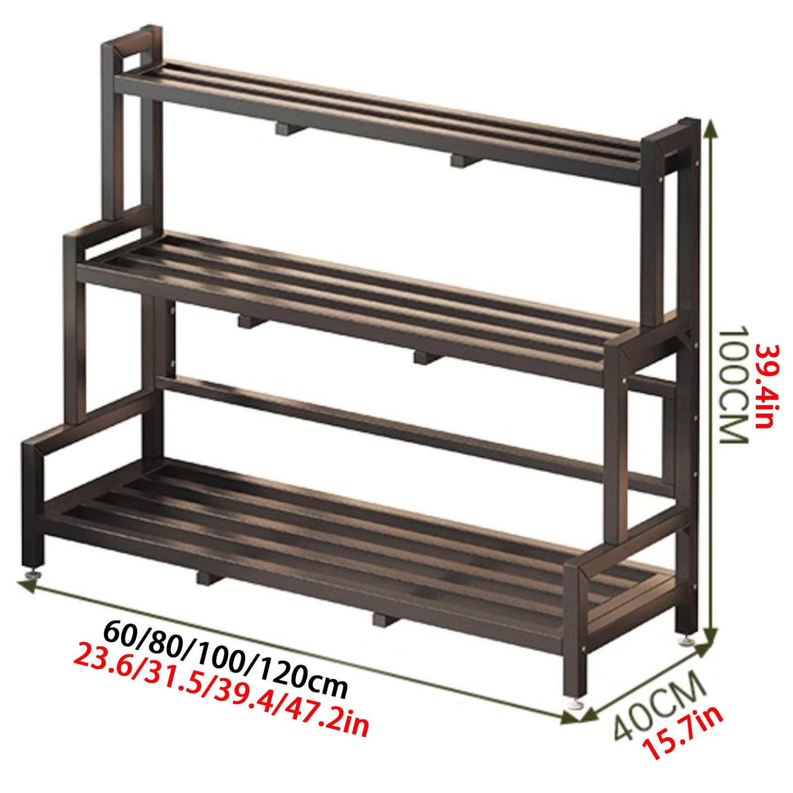 Supporto per piante in metallo regolabile a 3 livelli con piedini per i piedi, supporto per vasi da fiori resistente, per soggiorno, camera da letto, portico, nero, 100 cm