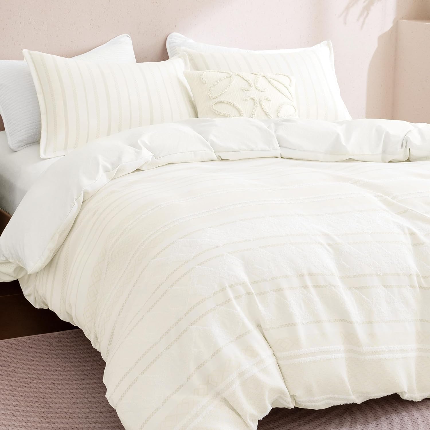 SLEEP ZONE Duvet Cover Set Twin, Luxury Jacquard Boho Diamond Soft and Breathable 3 Pcs Comfy Bedding Set Duvet Cover with Zipper Closure and 1 Pillow Shams, Beige