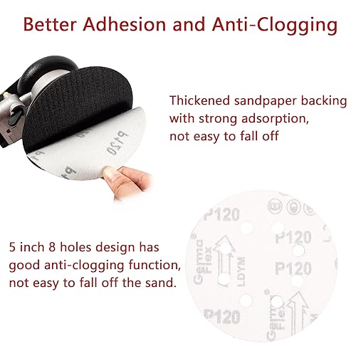 Miniatura 5 de Akjwp Disco de lijado de 5 pulgadas y 8 agujeros con gancho y bucle de grano 120, papel de lija orbital aleatorio para automoción y carpintería,