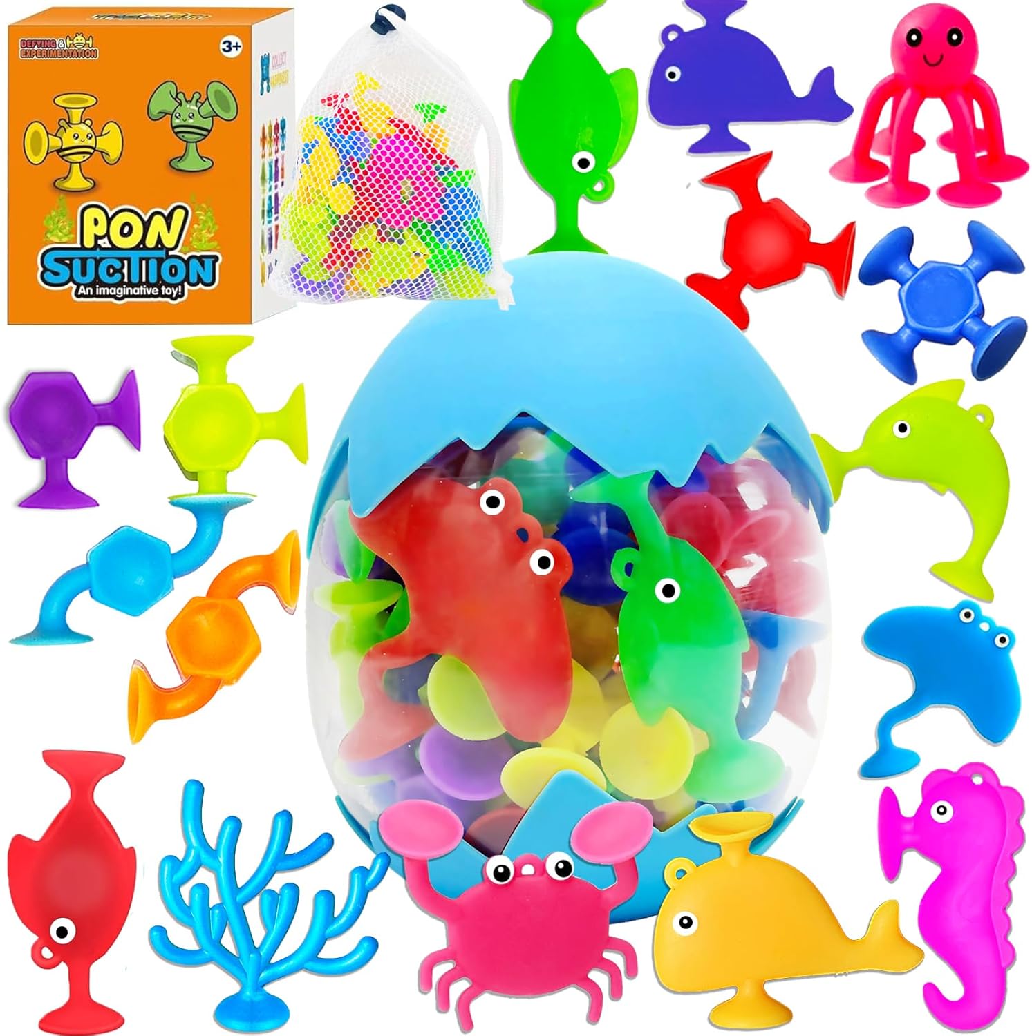 32PCS Suction Cup Bath Toys for Kids Ages 1-3 Ocean Animal Suction Bath Toys with Eggshell Storage No Hole Mold Free Bathtub Toys Party Favor Classroom Prize Water Table Toys 4 5 6 Year Old Boys Girls