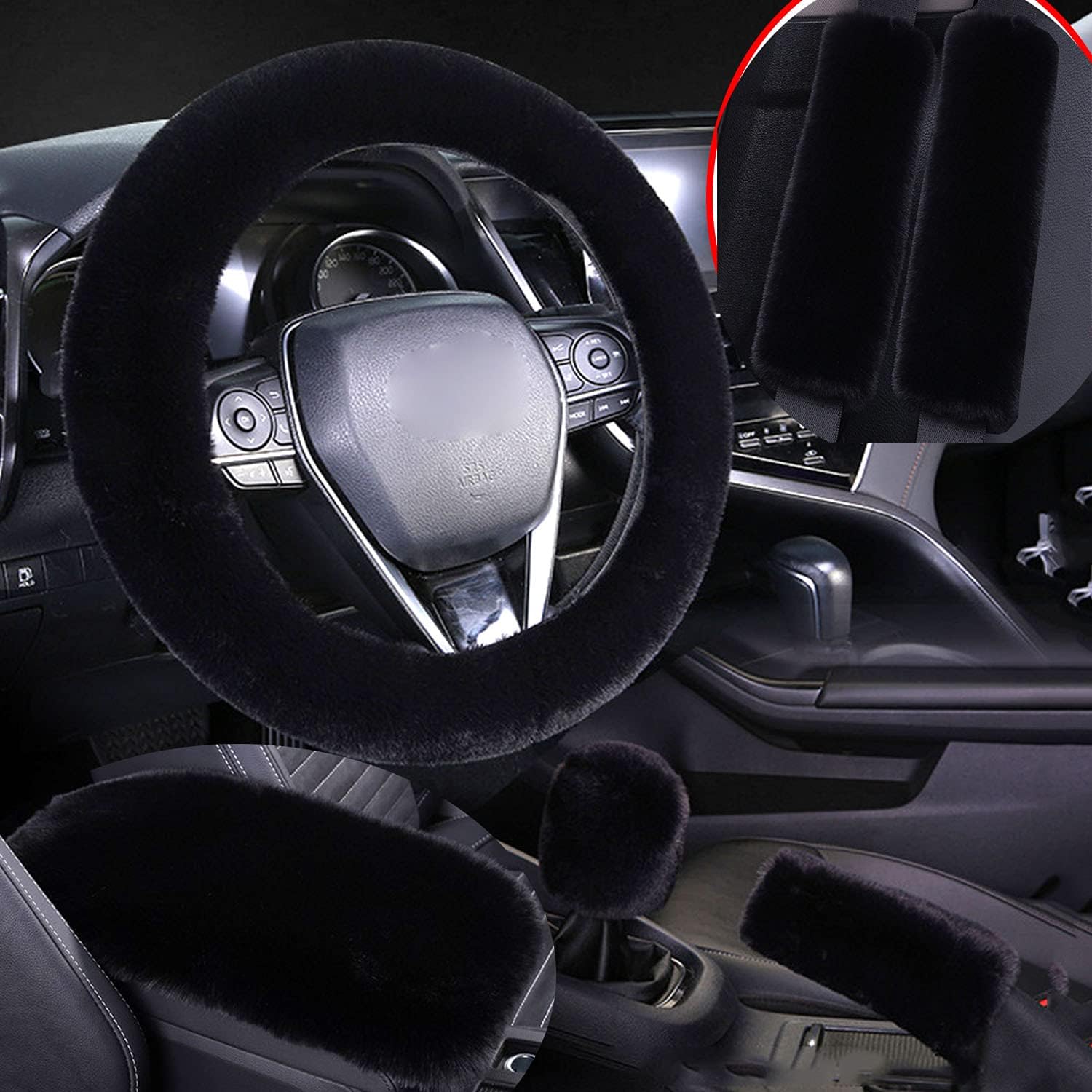 Dotesy 6 Pcs/Set Fluffy Faux Wool Car Steering Wheel Cover & Furry Seatbelt Shoulder Pads & Auto Center Console Armrest Pads & Gear Shift Knob Cover & Handbrake Cover Universal Warm Winter (Black)