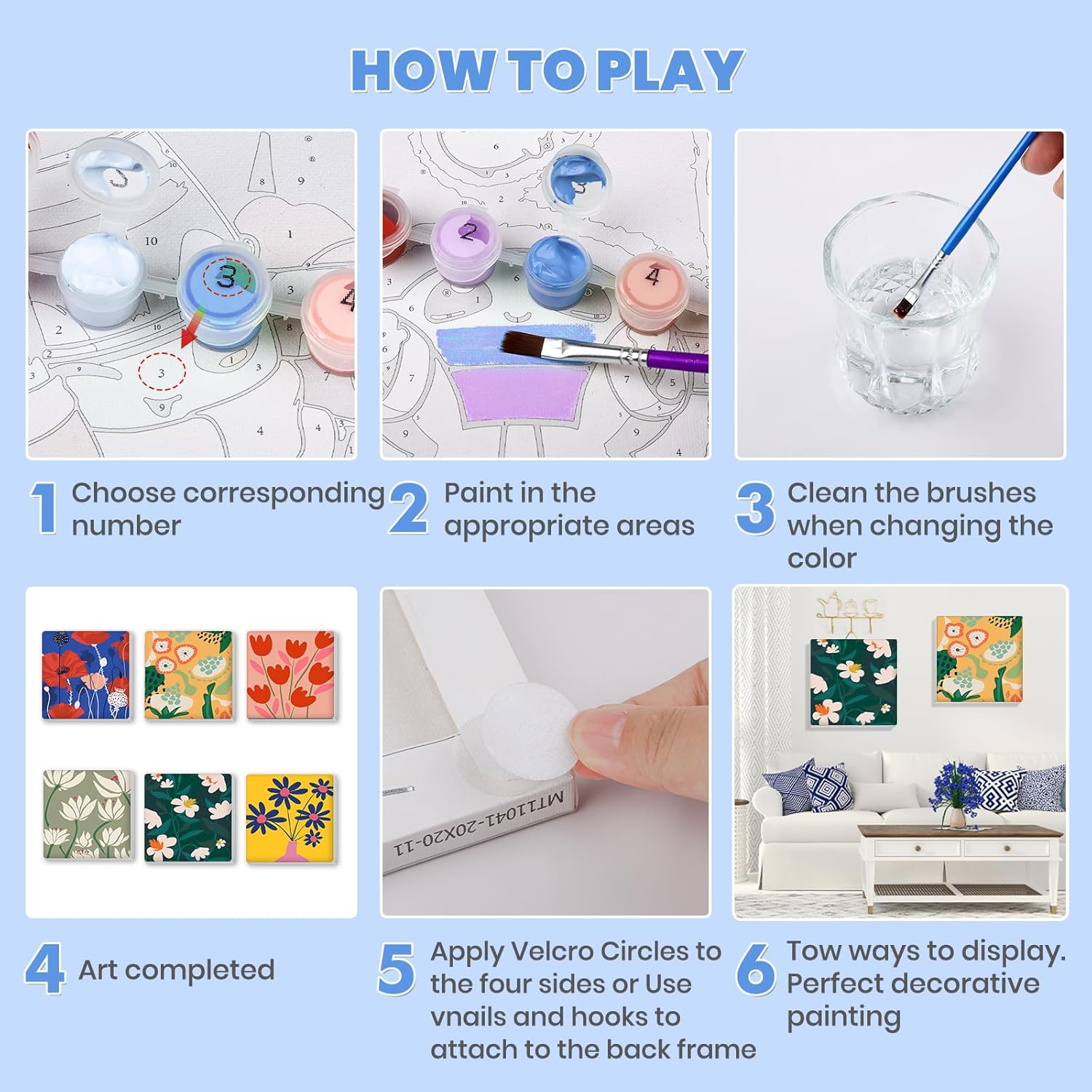 Bowetile 6 Pack Paint by Numbers for Adults Beginners Framed, Flowers Adults' Paint-by-Number Kits, Easy Adult Paint by Number Kits on Canvas, Acrylic Number Painting for Home Decor, 8x8in