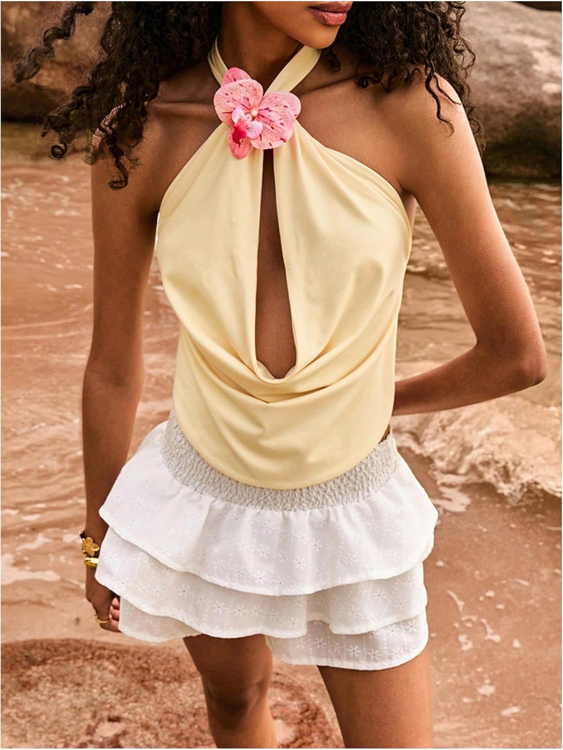 Milumia Women's Cowl Neck Halter Tops 3D Floral Draped Front Backless Crop Tank Tops - Image 4