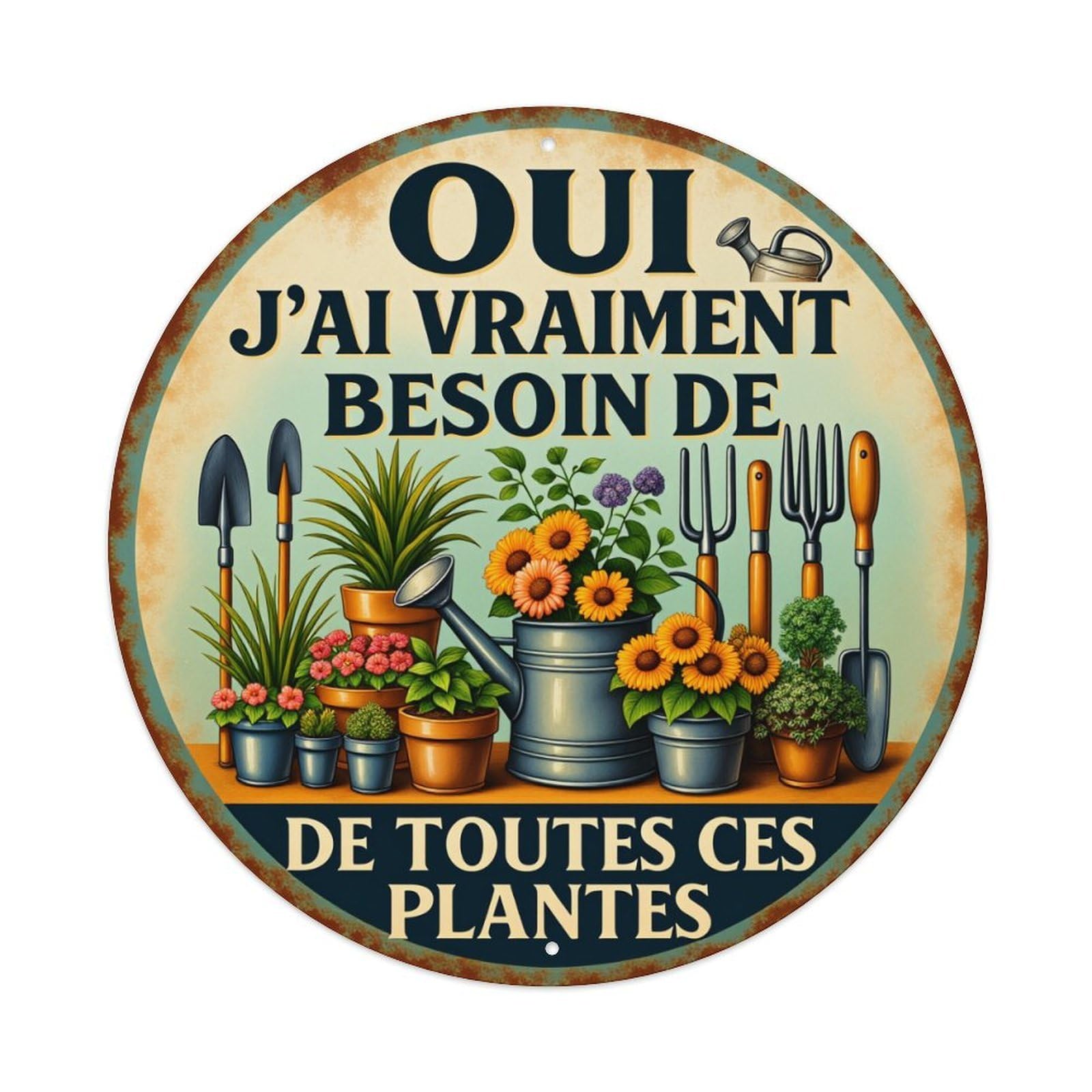 Garden Tools And Plants Pattern Round Tin Sign Vintage Metal Poster, Home Bar Garage Man Cave Cafe Indoor & Outdoor Wall Decoration 8x8Inches