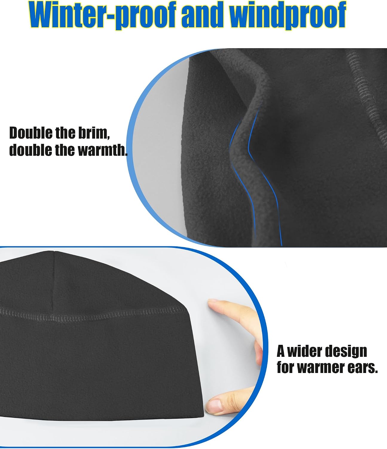 Winter Fleece Beanie, Wide Double-Layer Brim Warm Skull Cap, Windproof Lightweigh Sleep Hat for Men Women