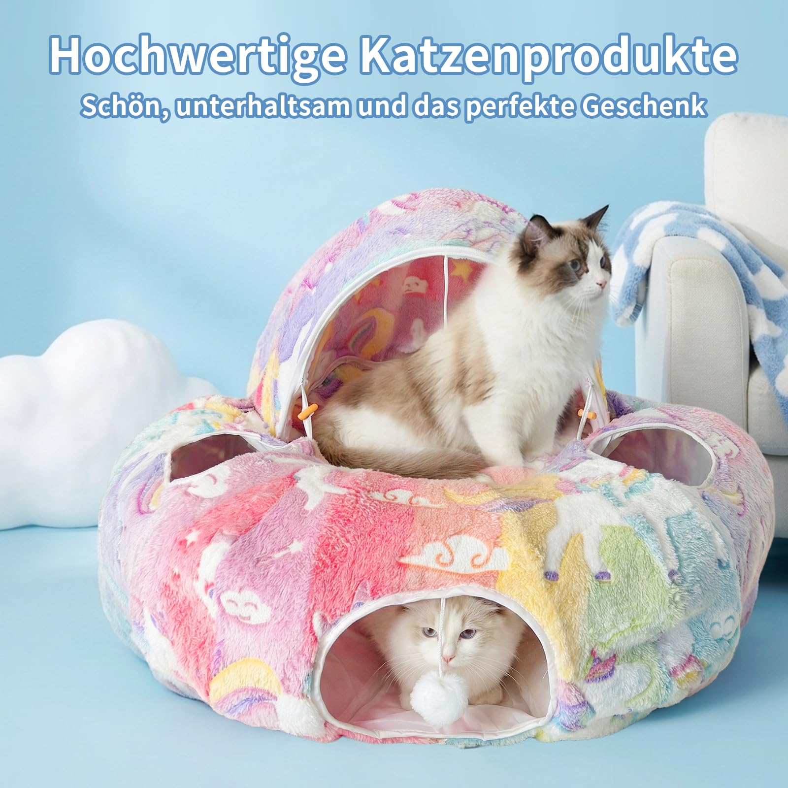 Katzenbett mit Leuchtfunktion, XXL Plüsch Katzentunnel mit Ball, Große Rascheltunnel Katzenhöhle Katzenspielzeug für Katzen Kaninchenoder Welpen