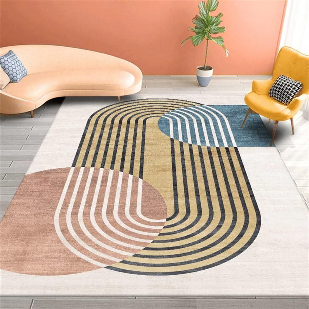 Tapis de décoration salon à impression ovale premium bleu