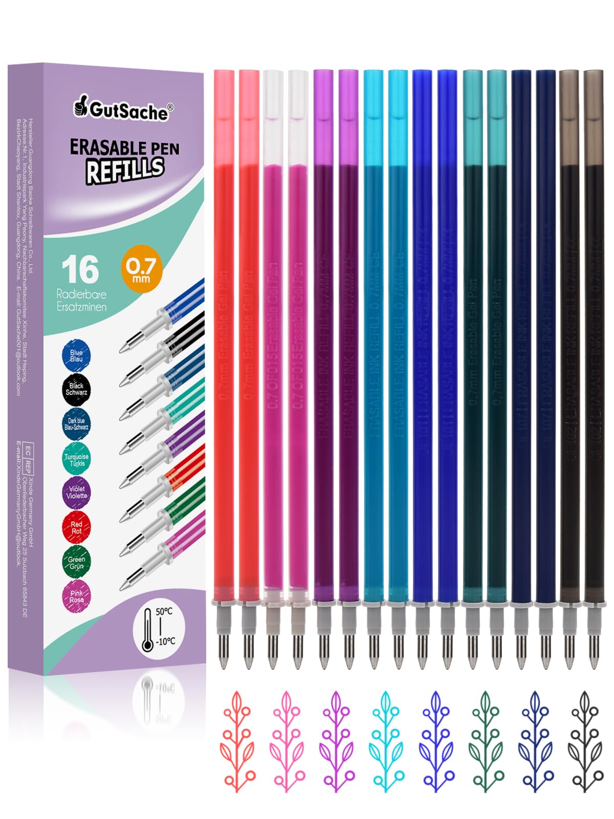 16 Mines Effaçables Multicolores – 0,7 Mm – Compatibles Legami – Encre Thermo-sensible – 8 Couleurs