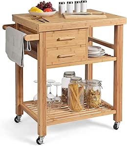 PETSITE Bamboo Kitchen Island Cart, Butcher Block Table on Wheels with Drawers, Shelves, Towel Rack