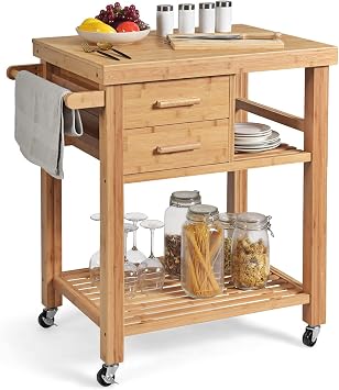 PETSITE Bamboo Kitchen Island Cart, Butcher Block Table on Wheels with Drawers, Shelves, Towel Rack