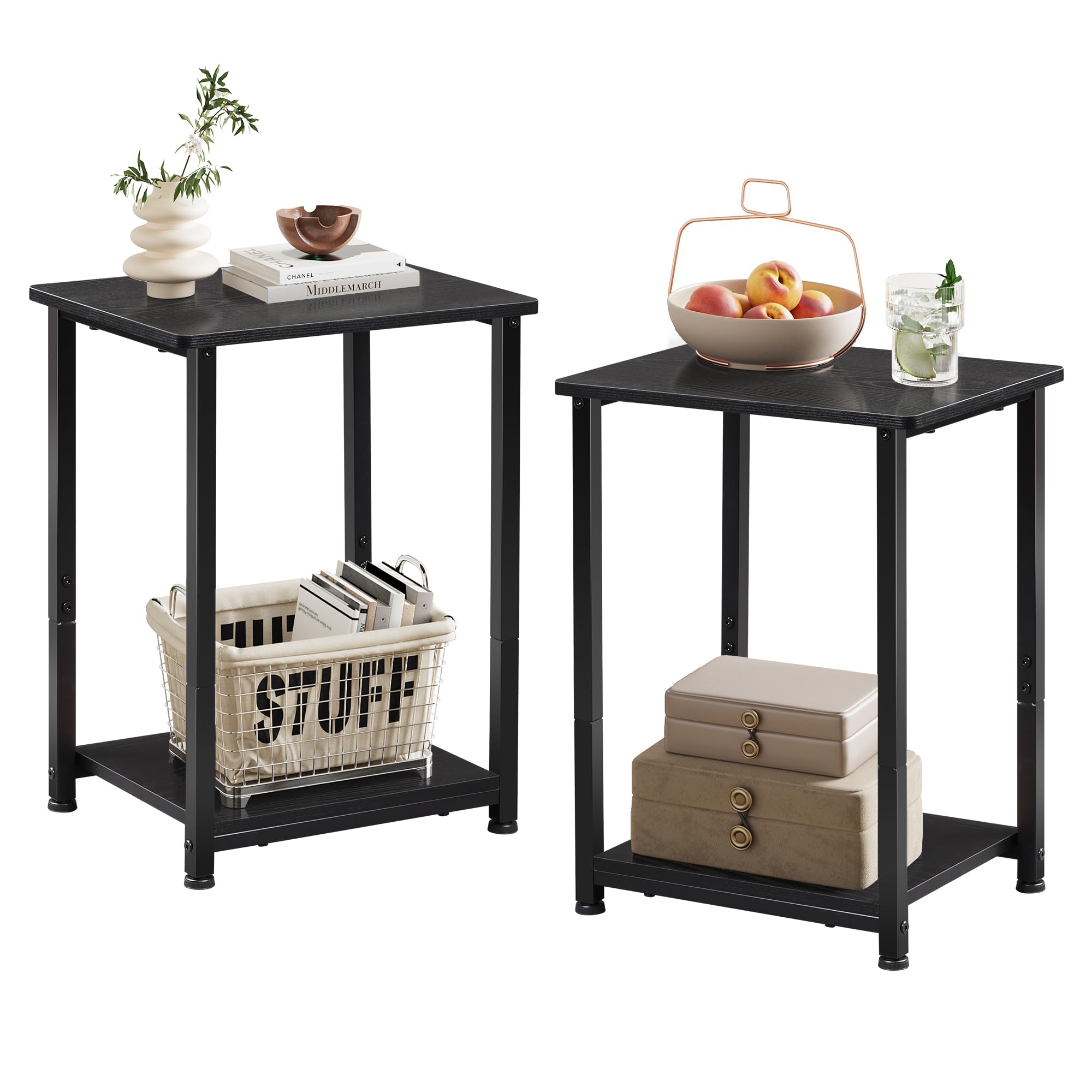 WLIVE Side Table Set of 2, 2-Tier Small Tables with 360° Adjustable Feet, Steel Frame, 38x30x50cm, Nest of Tables for Bedroom, Living Room - Embossed Black