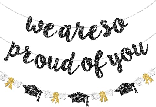 Glitter Black We Are So Proud of You Banner, Congrats Grad Cap Garlands Class of 2026 Congratulations Graduate Banner for Graduation Party Decorations, No DIY.