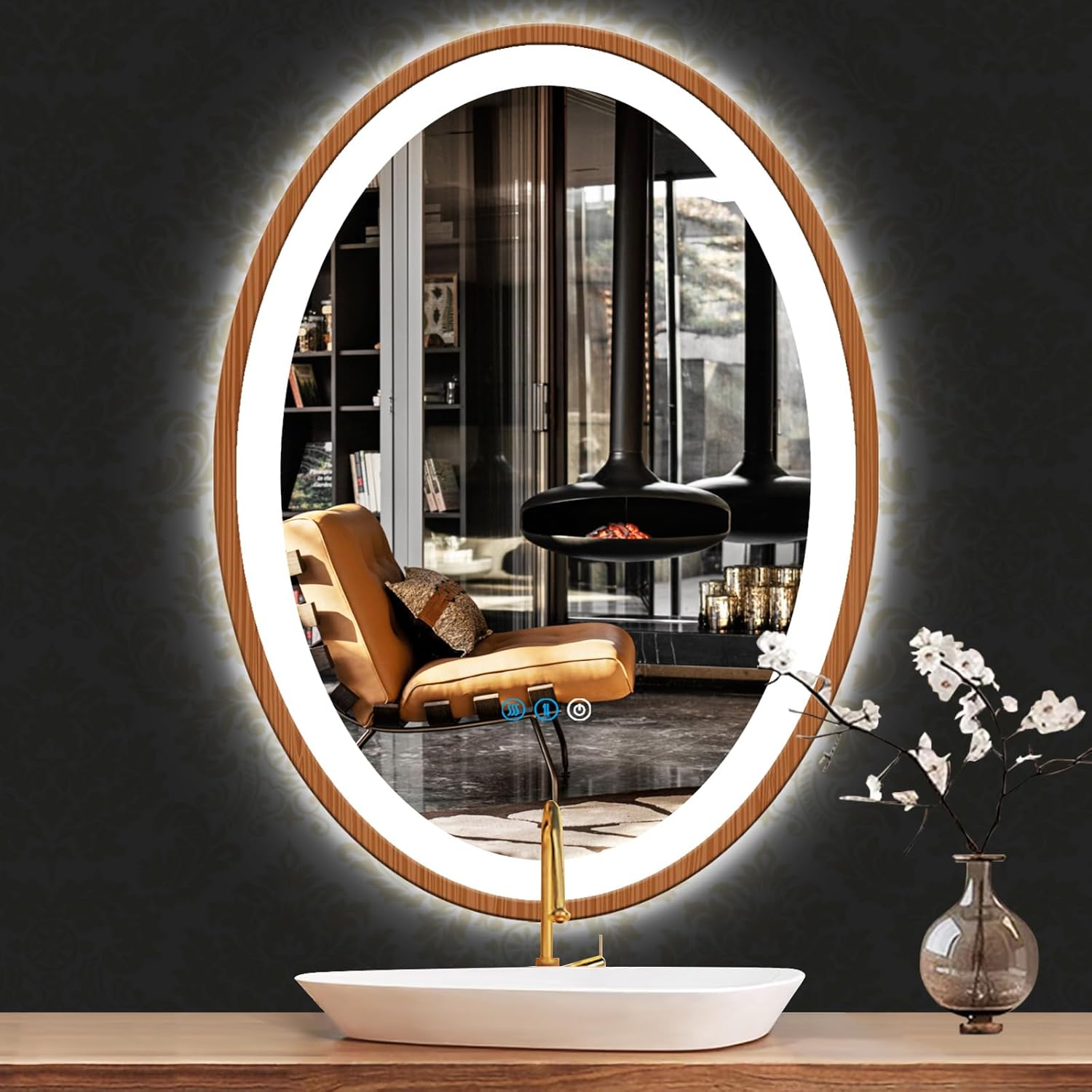 24 x 36 Inch Wood Frame LED Oval Mirror with Lights Smart Memory 3 Color Dimmable Frontlight AntiFog Wooden Grain Design 36 Inch Wood Oval Lighted Vanity Mirror for Bathroom Salon Wall Mounted
