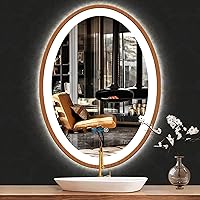 Vista 8 de Espejo de madera ovalado LED de 20 x 30 pulgadas con marco de madera clara, espejo de tocador iluminado ovalado con luces para baño, memoria