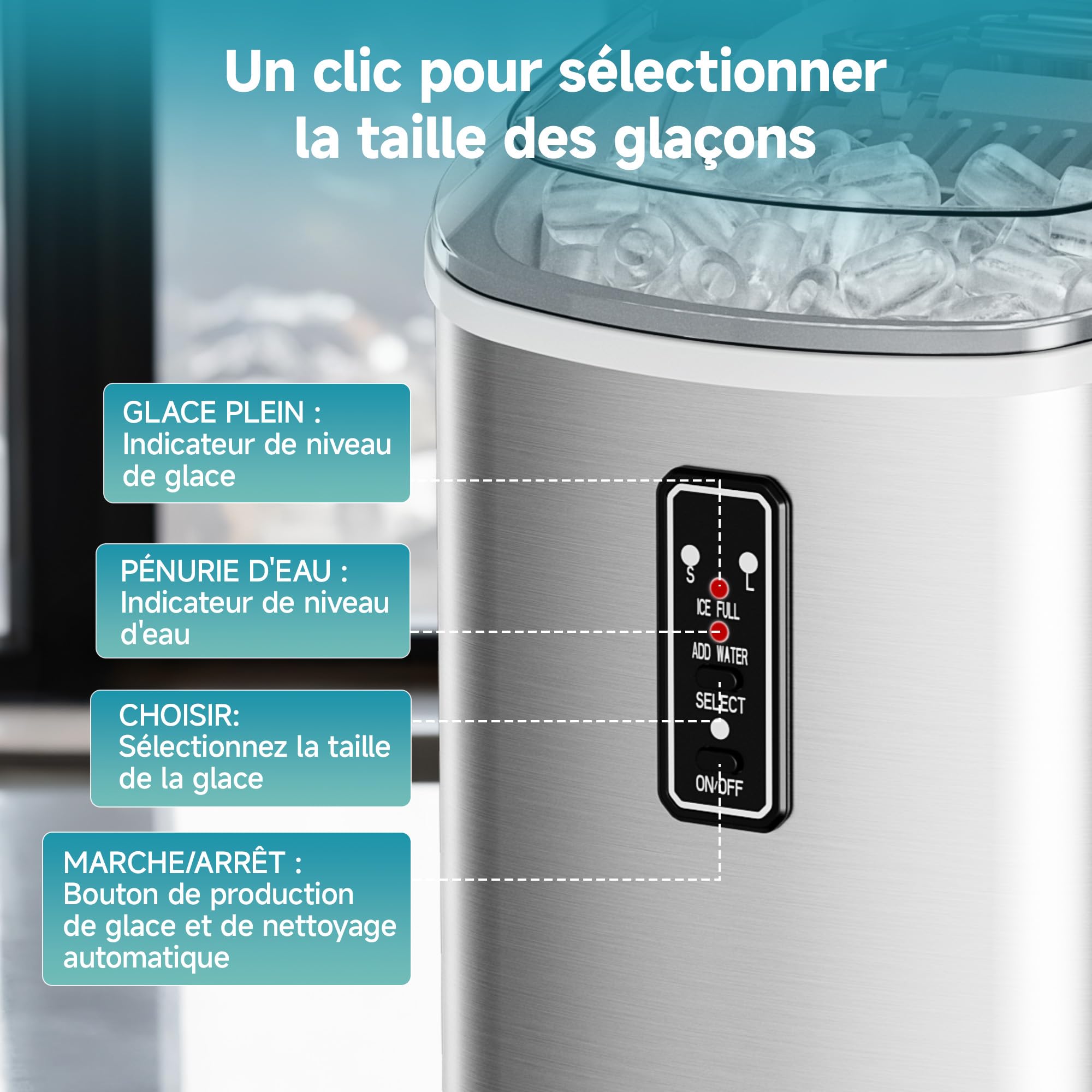 EUHOMY Machine à glaçons compacte - 9 glaçons prêts en 6 minutes - 12 kg/jour - Autonettoyante Avec poignée de transport, panier et pelle - 2 tailles de glaçons - Pour maison, cuisine, Bureau,argent