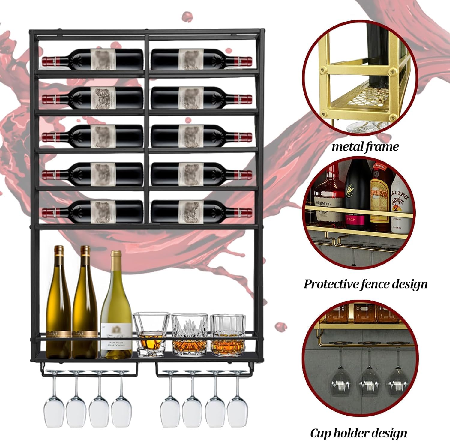 DSVONAUS Mensola Portabottiglie da parete, Espositiva per Bottiglie di vino di Grandi Dimensioni con Portabicchieri, Mensole Industriali per Liquori per bar di casa, sala da pranzo e cucina