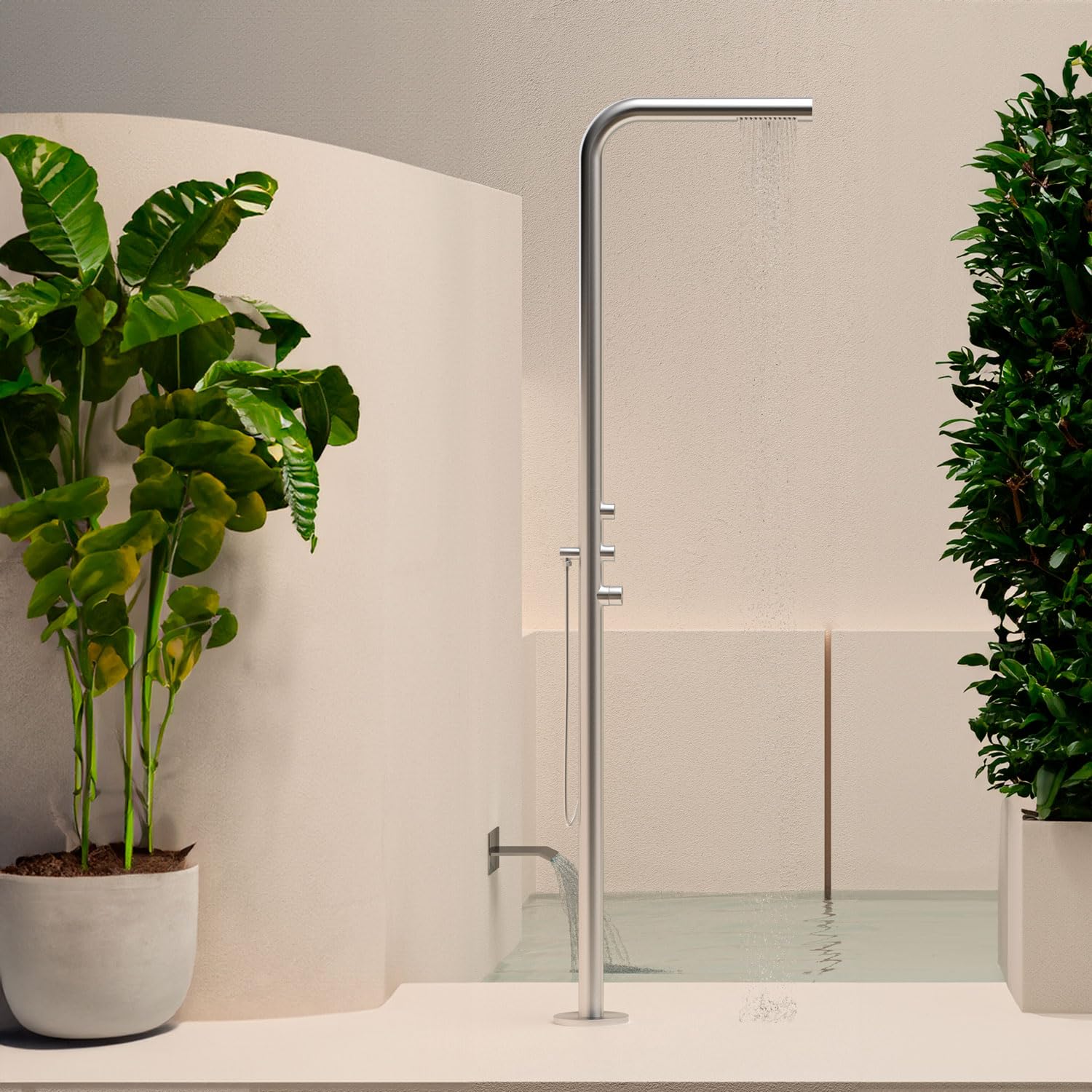 SINED Douche exterieure en acier inoxydable AISI 316L satinee avec entree deau chaude et froide melangeur et douche a main corps et accessoires en inox modele DOCCIA BUDONI INOX