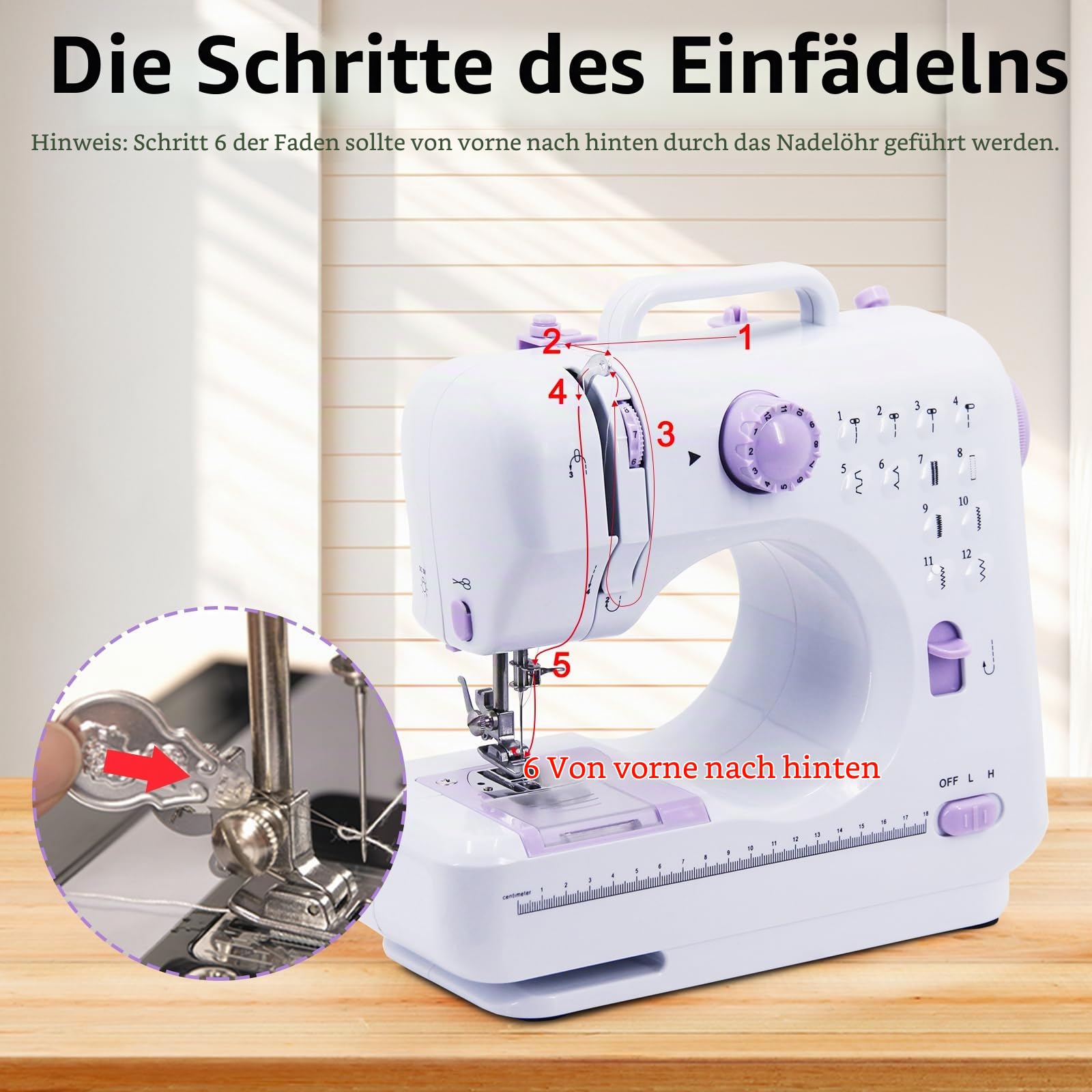 Nähmaschine für Anfänger, Elektrische Nähmaschine Kleine, 12 Stichprogrammen Handnähmaschine Mini Sewing Machine, Tragbare Nähmaschines mit LED-Licht, Fußpedal & Nähset (Lila-2)