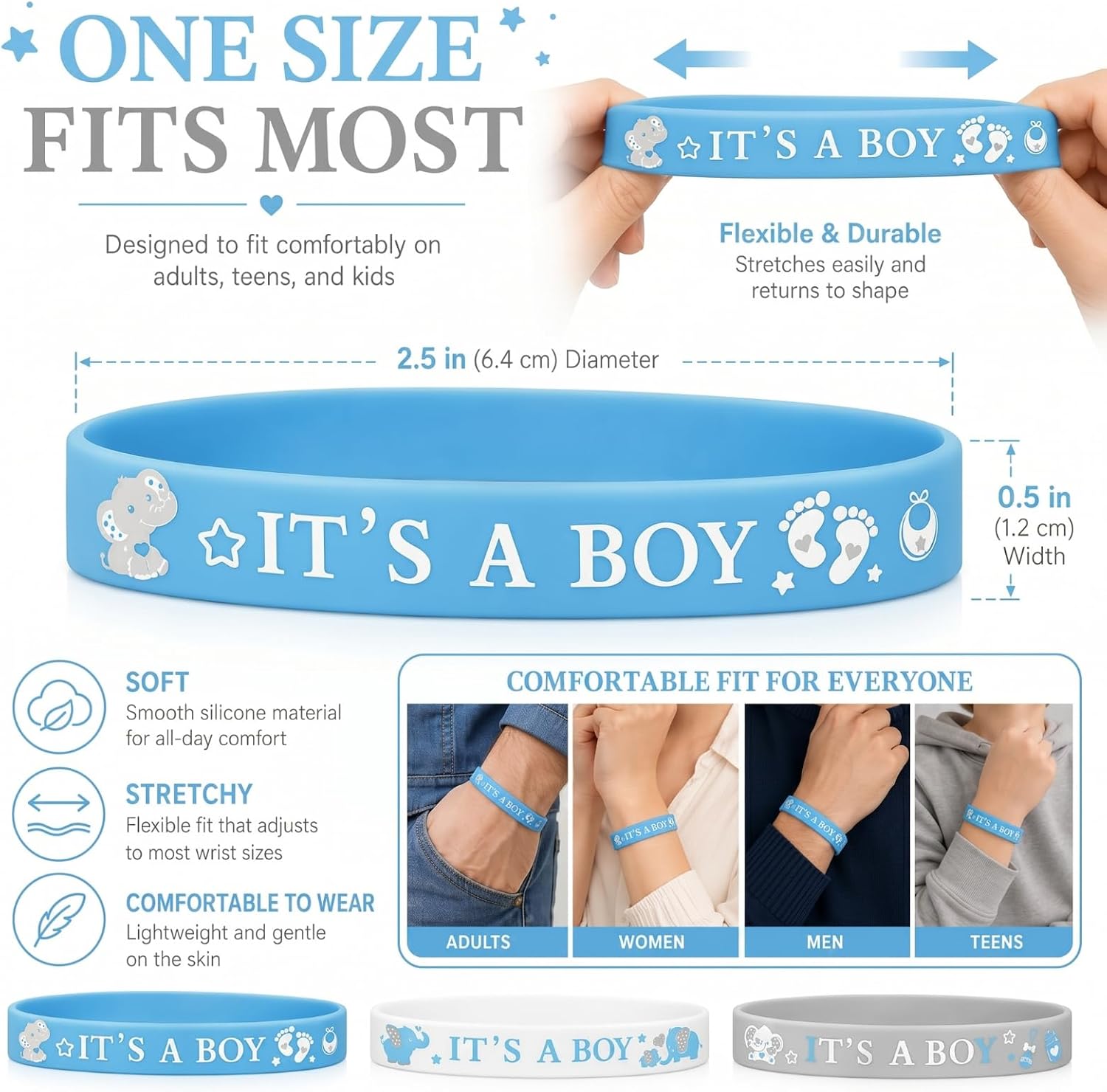Zomiboo 36 Pcs Baby Shower Bracelets Gender Reveal Party,Boy,White Blue