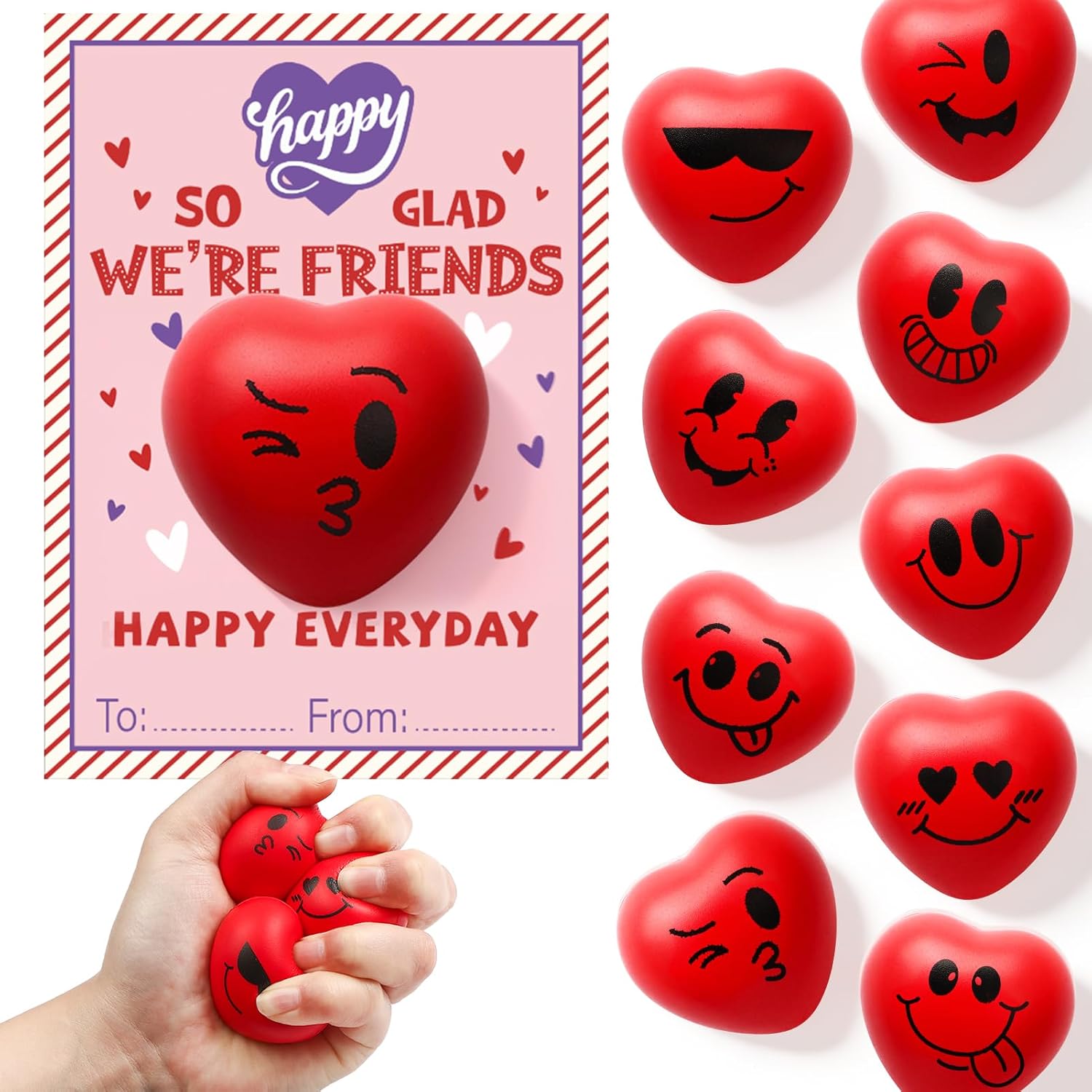 24PCS Heart Emotional Stress Balls, Stress Relief Ball with Smiley Faces, Squeeze for Coworkers Kids Adults Stress Anger Fidget Relief Hand Exercise, Valentines Gifts Friendship Party Favor