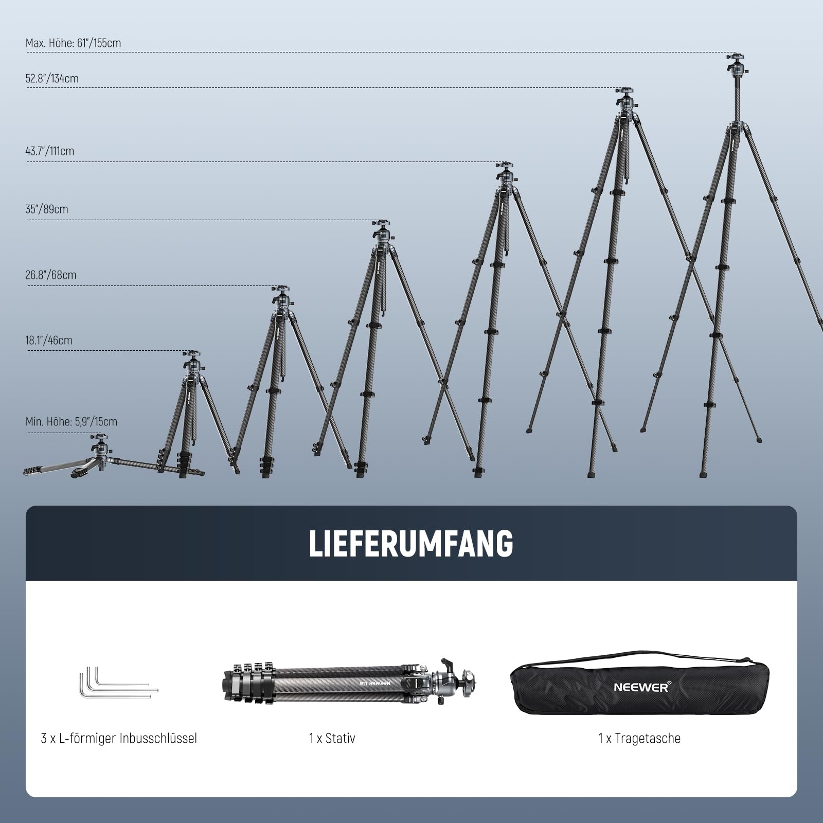 Neewer LITETRIP LT38 Kamera Reisestativ aus Kohlefaser 360° Schwenk/Neige niedrige Profil Kugelkopf flexible Mittelachse Arca QR Platte kompatibel mit Peak Design Stativ Clip V3 max Last – Bild 9