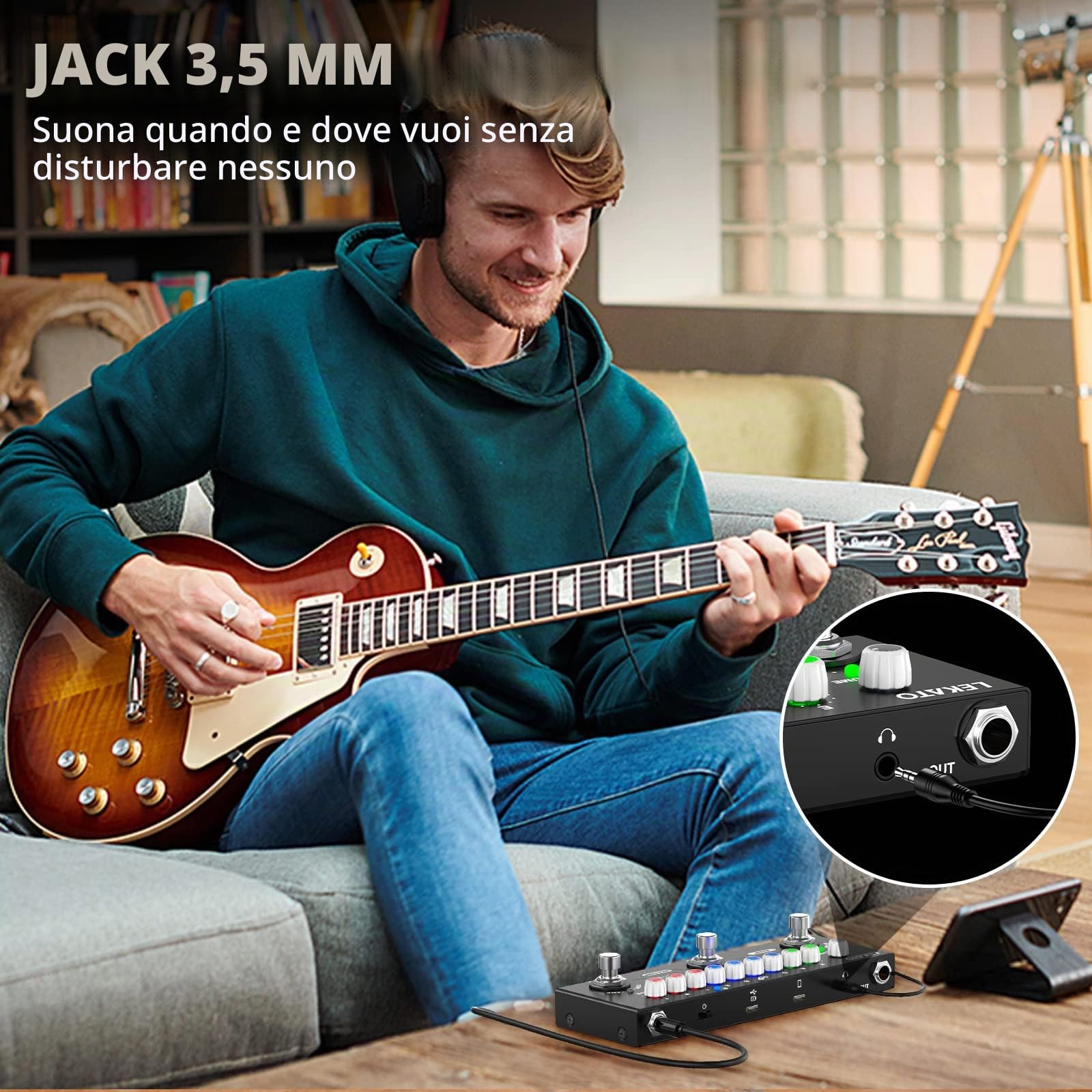 LEKATO Pedale Chitarra Multi Effetto, Caricamento IR, 9 Modelli di Amplificatori, Delay Reverb Phase Chorus Distortion Overdrive, Pedali Effetti Chitarra Ricaricabili, Registrazione, Bluetooth 5.0