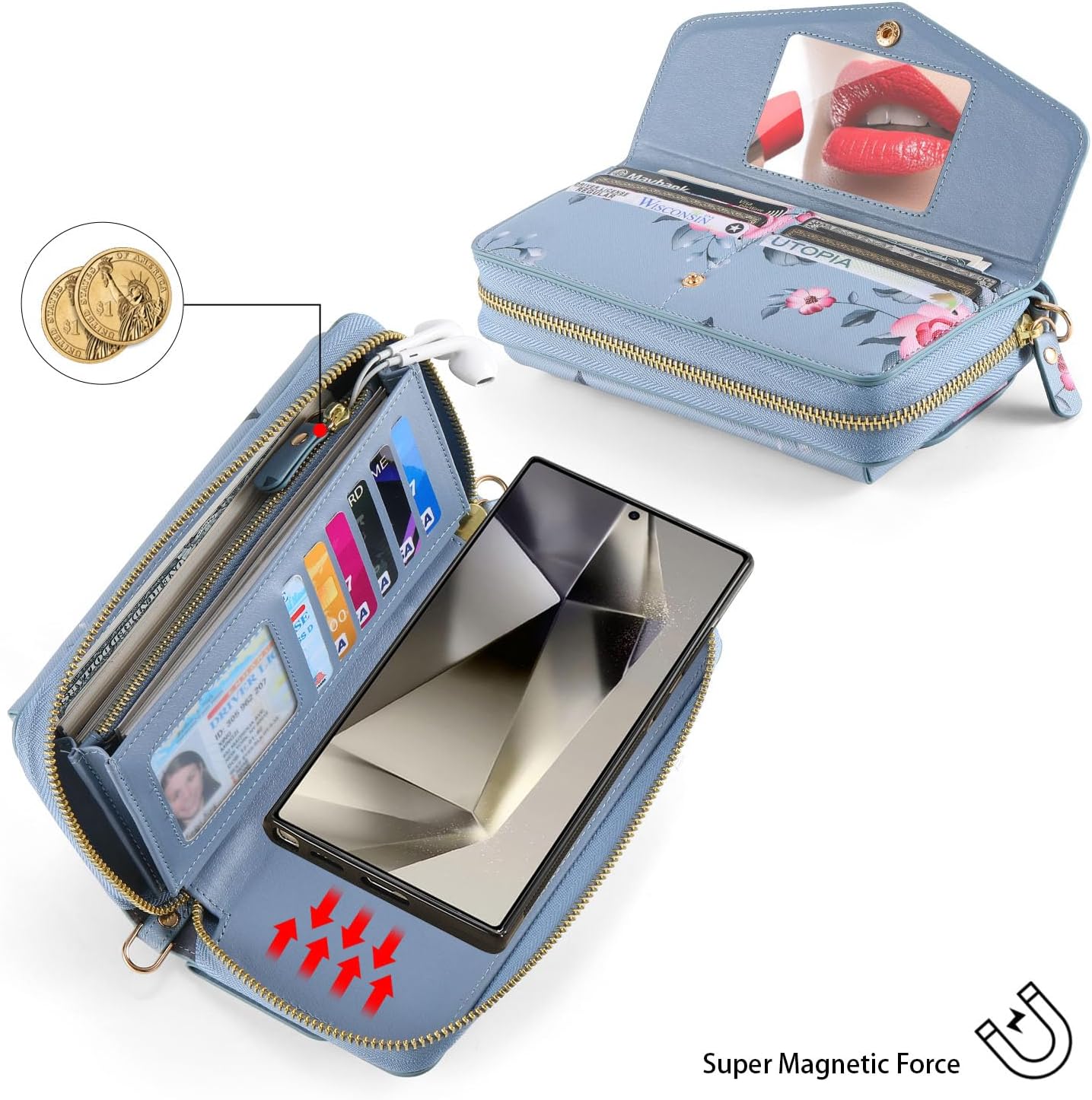 Compatible for Samsung Galaxy S26 Ultra Crossbody Phone Case,Detachable Magnetic,Card Holder,Zipper Leather Wallet Wrist Lanyard Strap Case for Women Men.BlueFlower