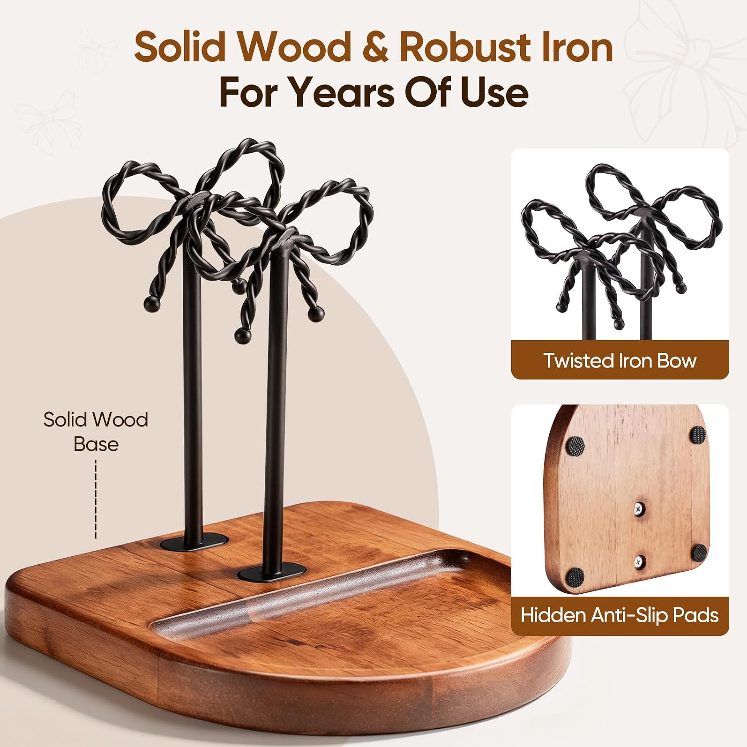 Wood Napkin Holder for Table,Twisted Bow Iron With Dual Storage