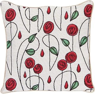 Red and White Tapestry Designer Art Cushion Cover 18x18 inch Charles Rennie Mackintosh Design (Simple Rose) (CCOV-RMSP)