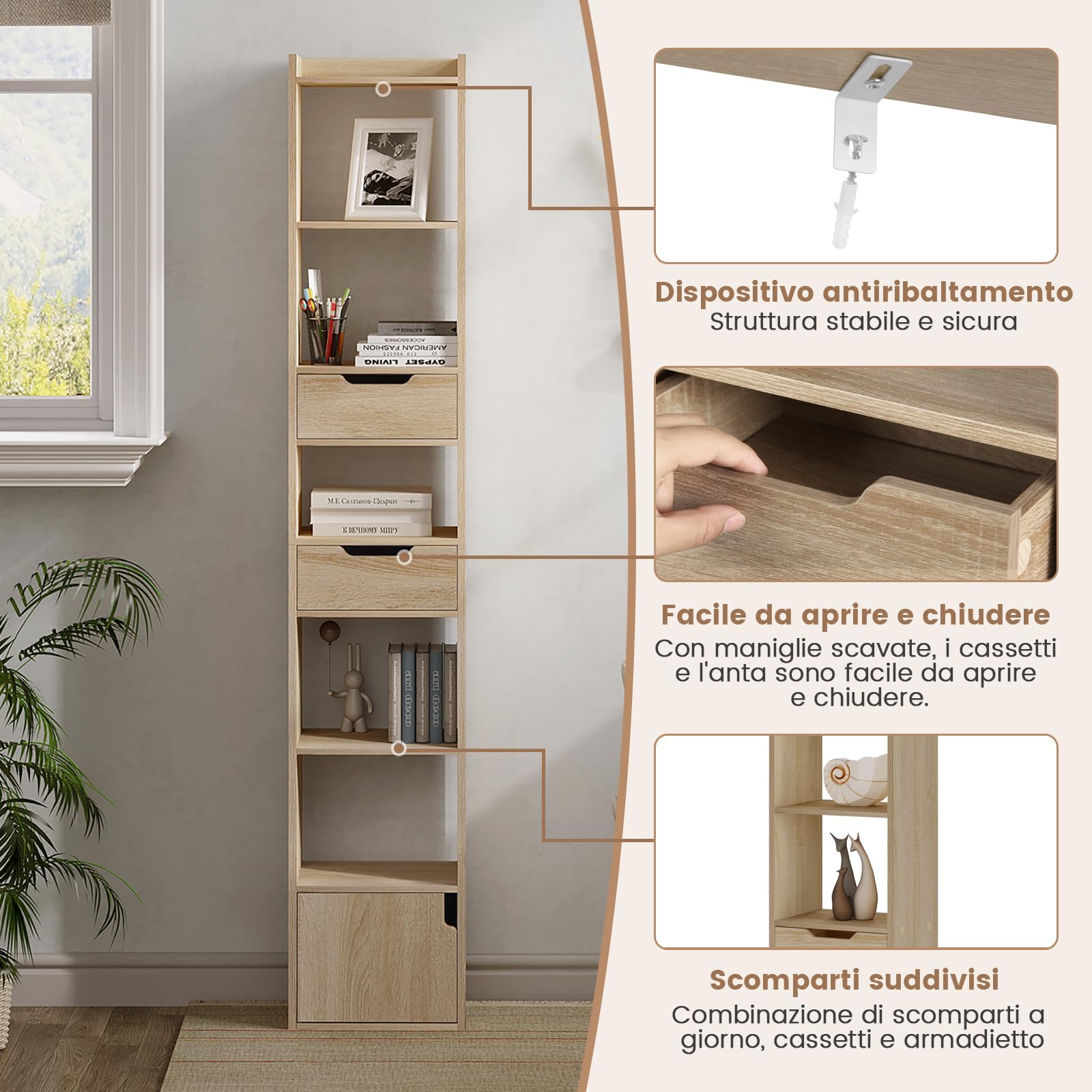WOLTU Libreria Verticale Autoportante, Scaffale Salvaspazio, Libreria Stretta e Alta, con 2 Cassetti, 6 Ripiani Aperti e 1 Scomparto con Anta, in Legno, Rovere Chiaro, SK042hei