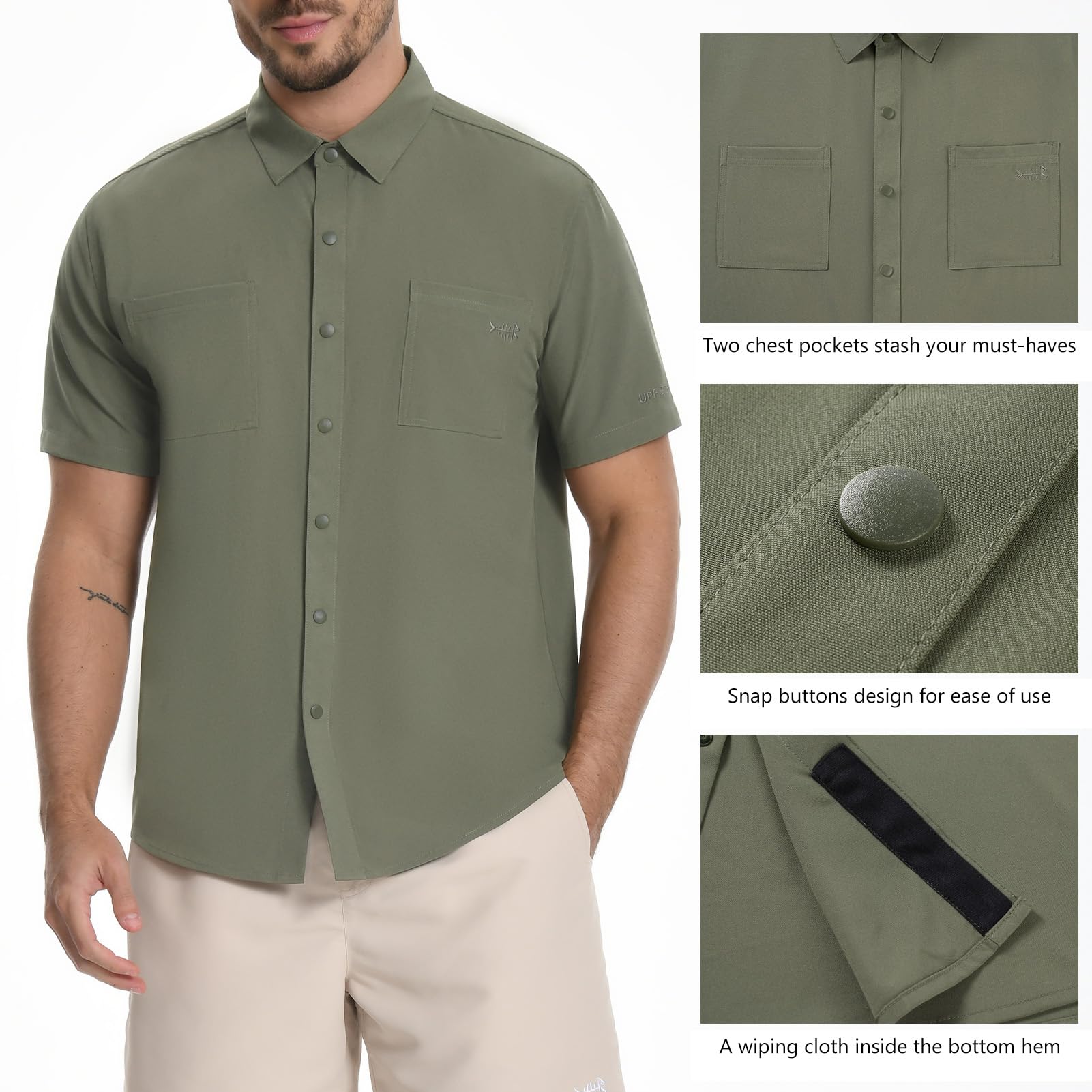 BASSDASH Camisa de manga corta UPF 50+ con botones a presión para hombre, ajuste regular, tejida, dos bolsillos, camisas de vestir casuales
