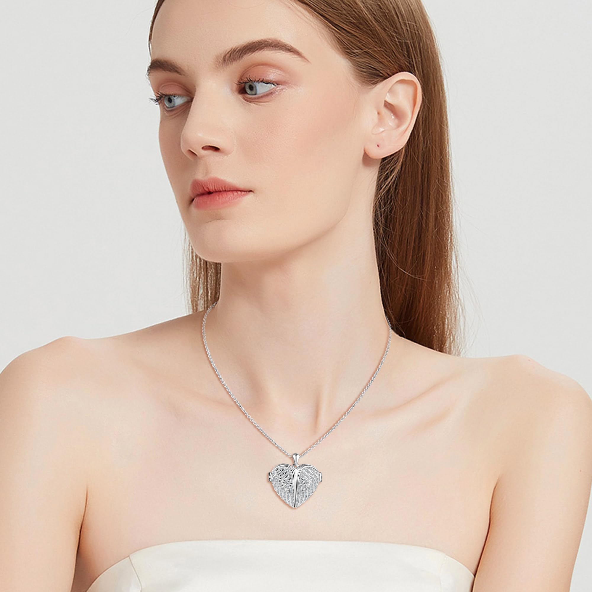 Collana Foto Ciondolo Cuore di Zirconia Argento 925 Medaglione Portafoto Personalizzabile con Ali d’Angelo
