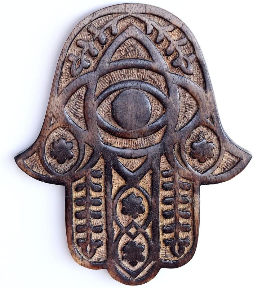 Prabhuji's Gifts Wooden Hamsa - Hamsa Decor - Hand of Fatima Mango Wood Carving - Bohemian Wall Decor - Artisan-Made Wooden Wall Decor - Wood Wall Art - (Myrtle)