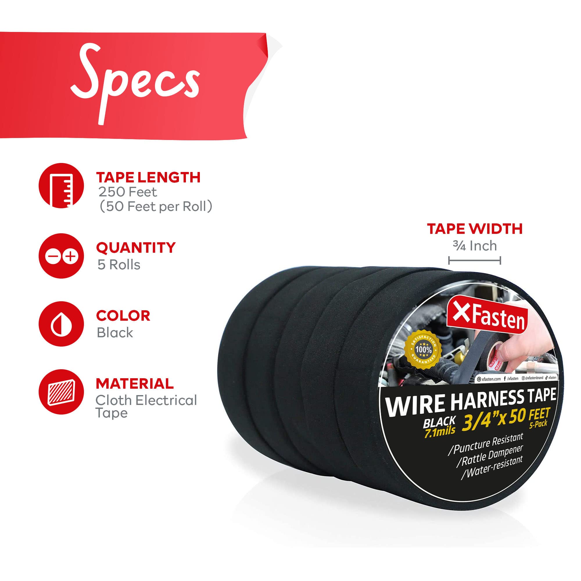 Buy XFasten Wire Harness Tape, 3/4Inch by 50Foot (5Pack), High Temp