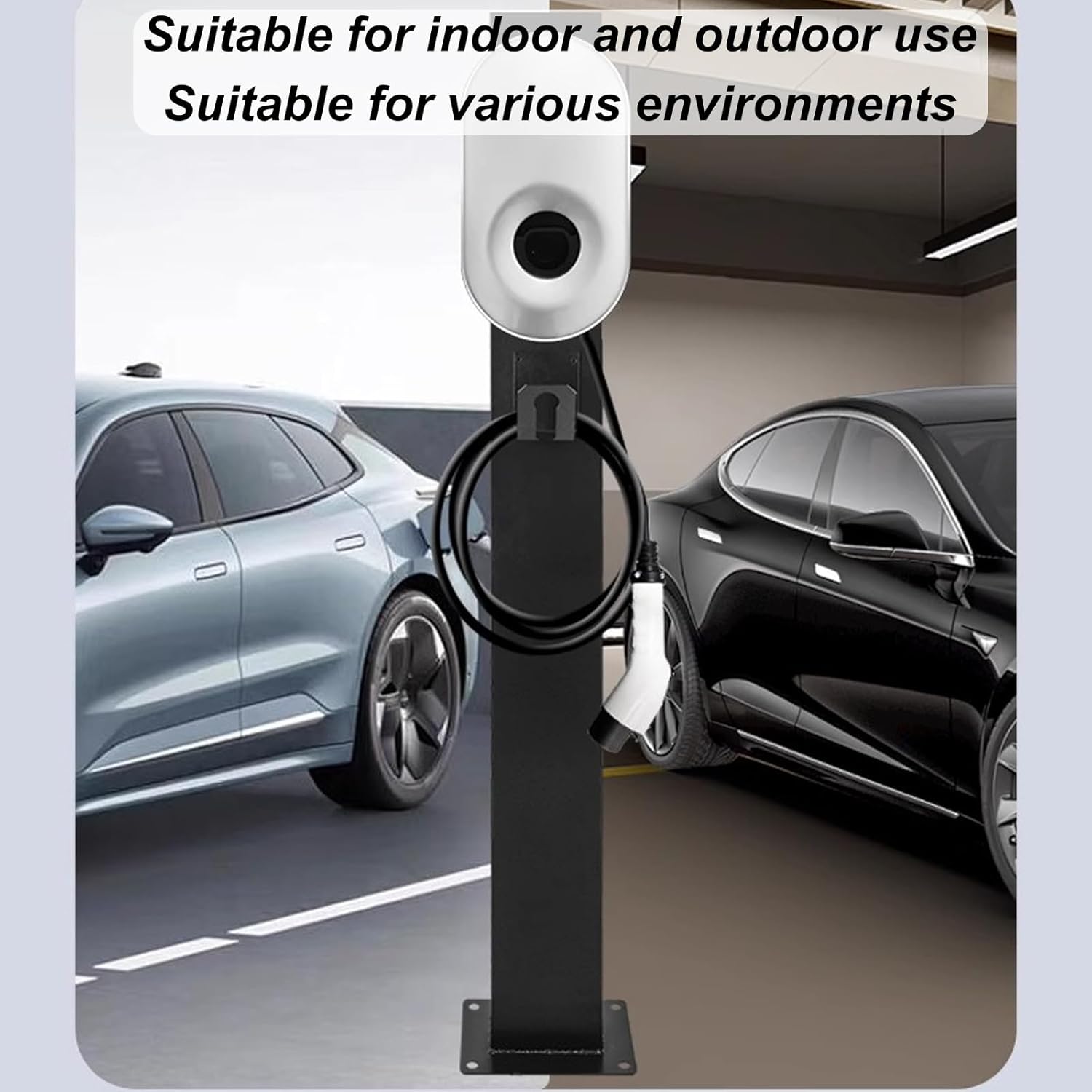EV Charger Pedestal Stand, Electric Vehicle Charging Station with Cable Hook & Wiring Hole, Compatible with Most EV Chargers, Durable Black Medium Design